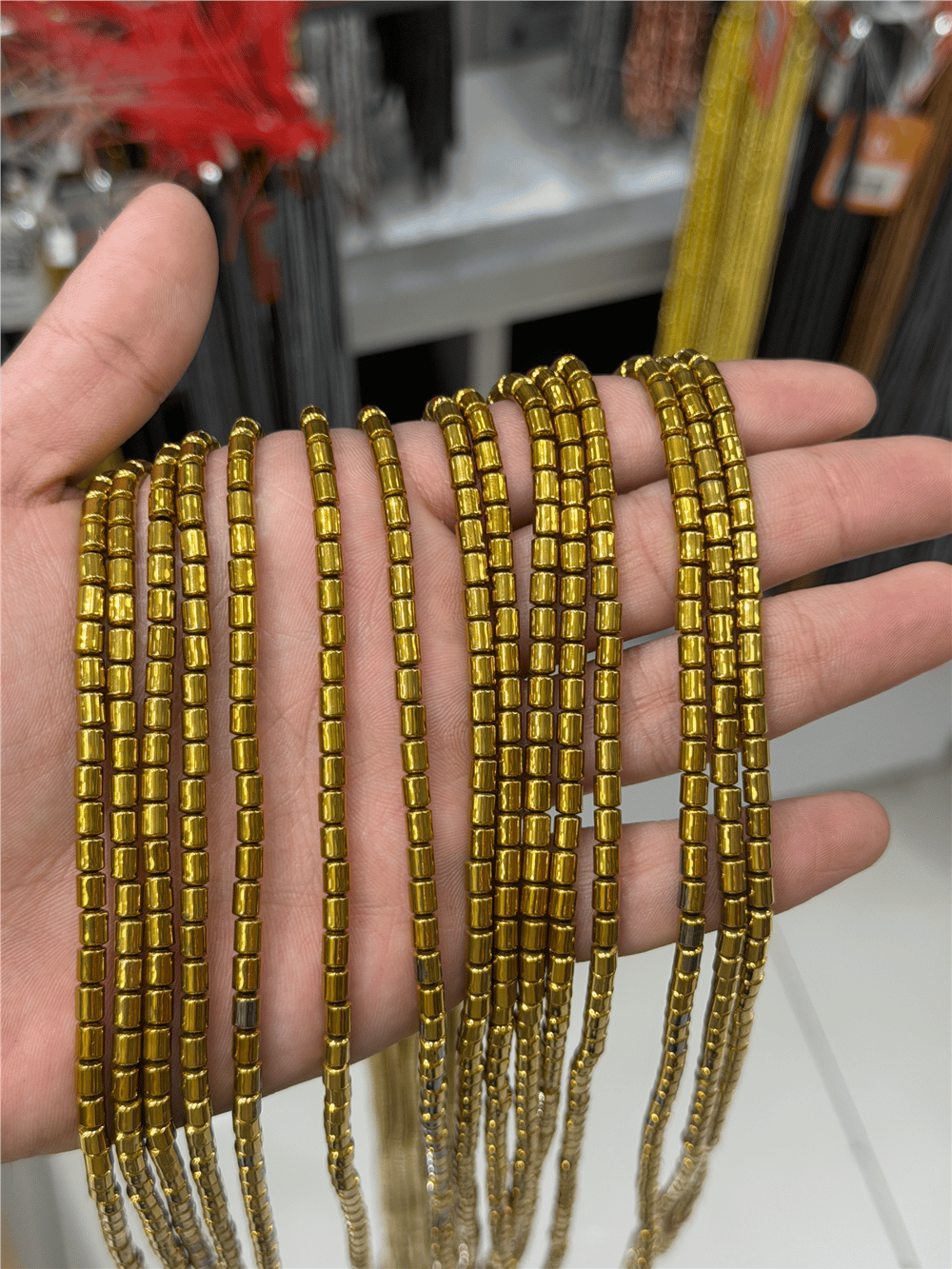 Hematite Stone Cylindrical-Cut 4x5mm- Shiny Gold Bead Strand