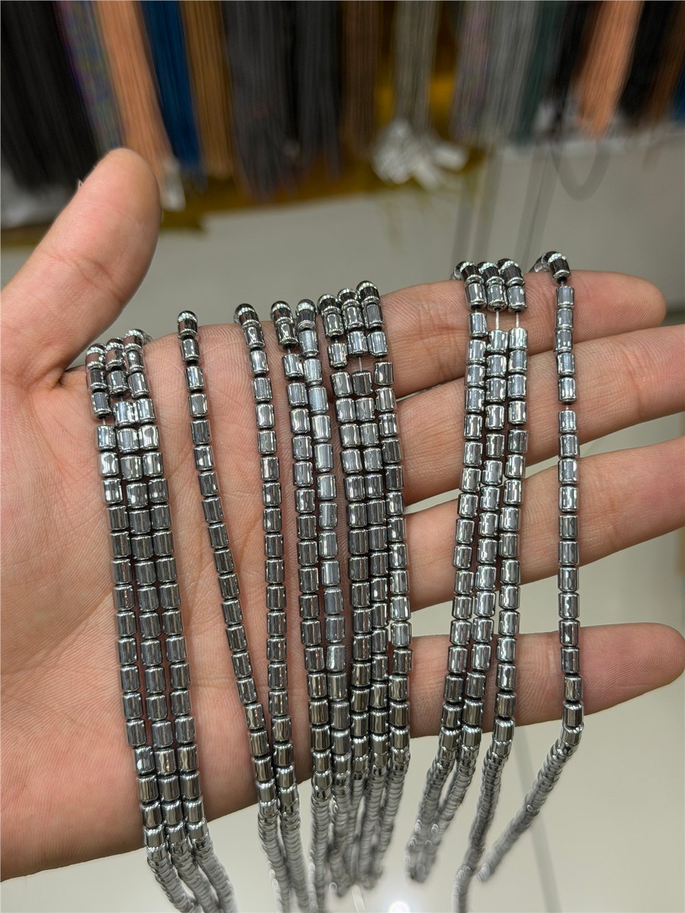 Hematite Stone Cylindrical-Cut 4x5mm- Shiny Blue Bead Strand
