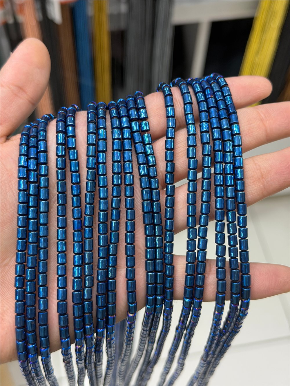 Hematite Stone Cylindrical-Cut 4x5mm- Shiny Blue Bead Strand