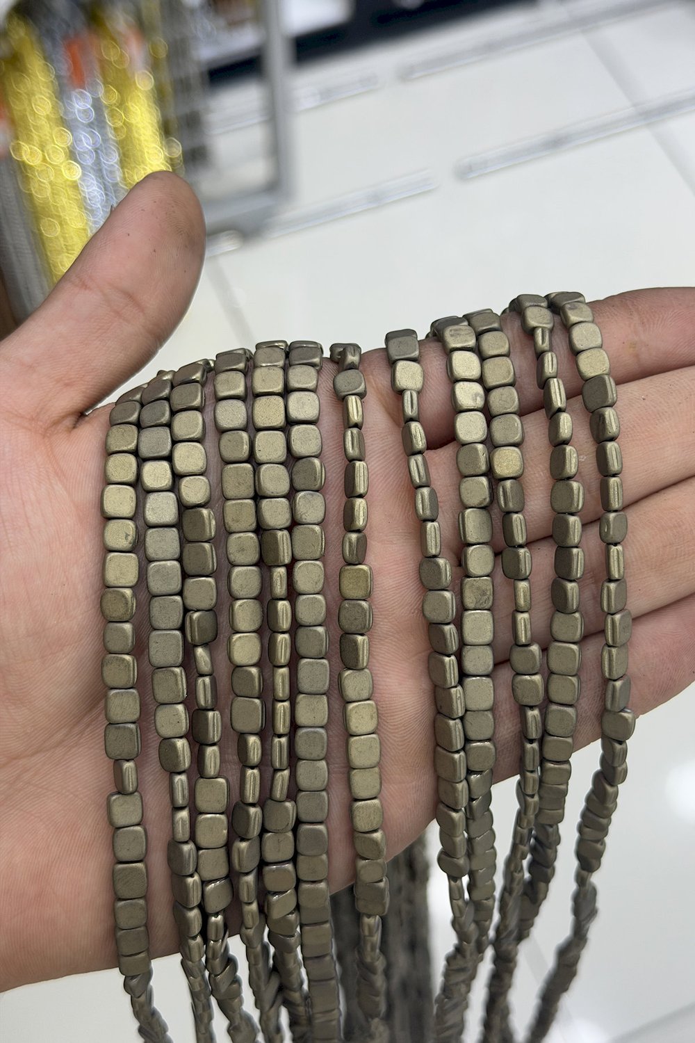 Hematite Stone Flat Square Grooved Cut 6x6mm- Yellow Bead Strand
