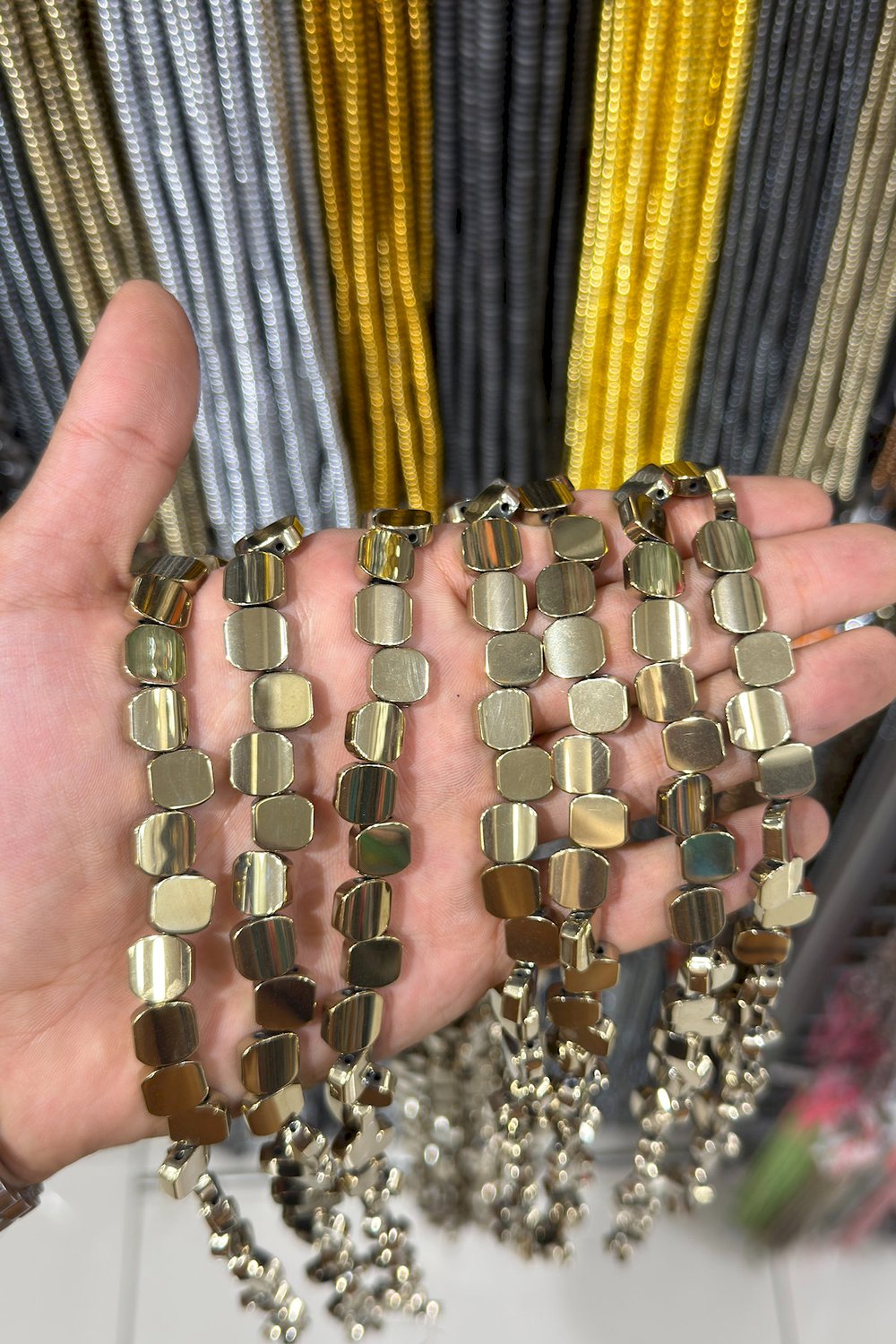Hematit Taşı Yassı Kare Kesim 10x10mm- Parlak Antik Sarı Doğal Taş Dizi
