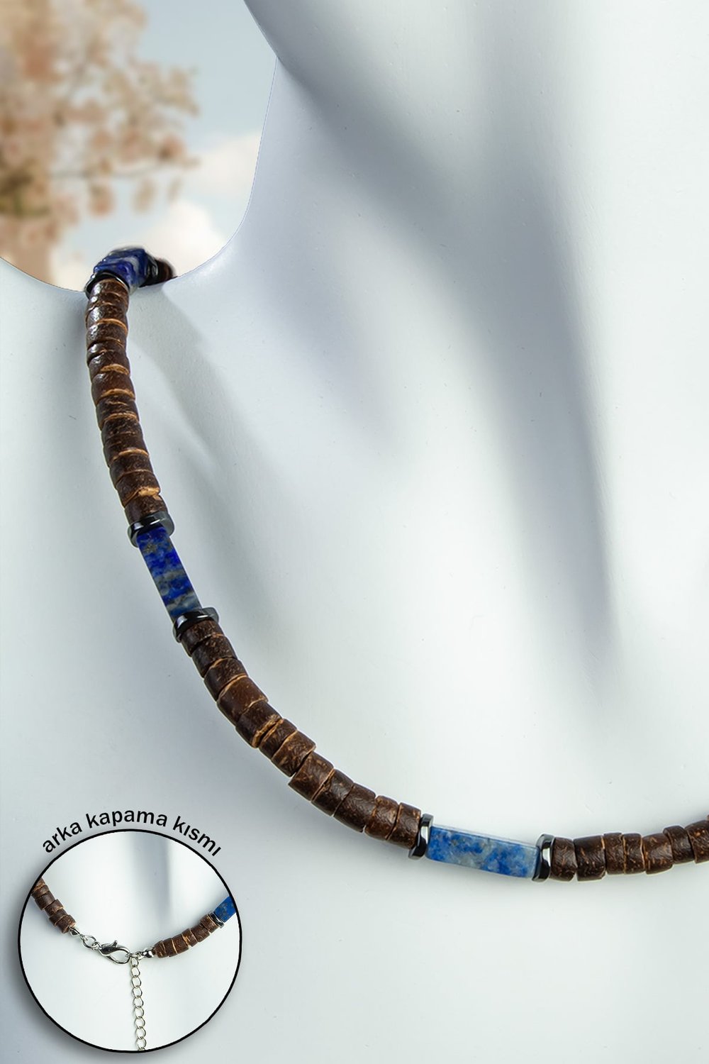 Hindistan Cevizi Ağacı - Lapis Lazuli Doğal Taş Dikdörtgen Kesim Zincir Kapamalı Kolye