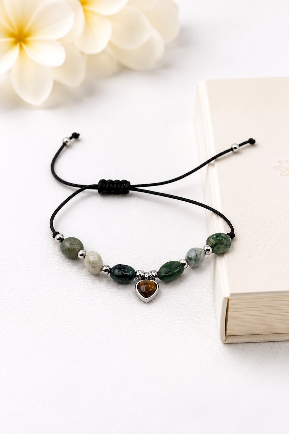 Indian Agate Stone Tumbled Nugget Cut Black Rhodium Heart Motif Macrame Bracelet