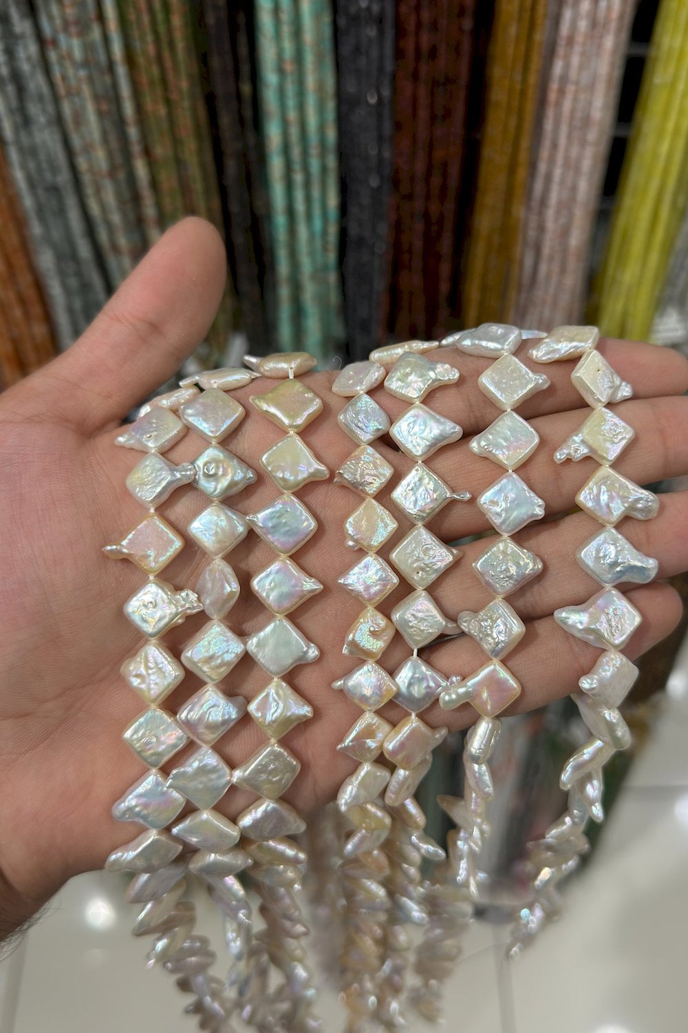İnci Doğal Taş Yassı Eşkenar Dörtgen 8x12mm Dizi