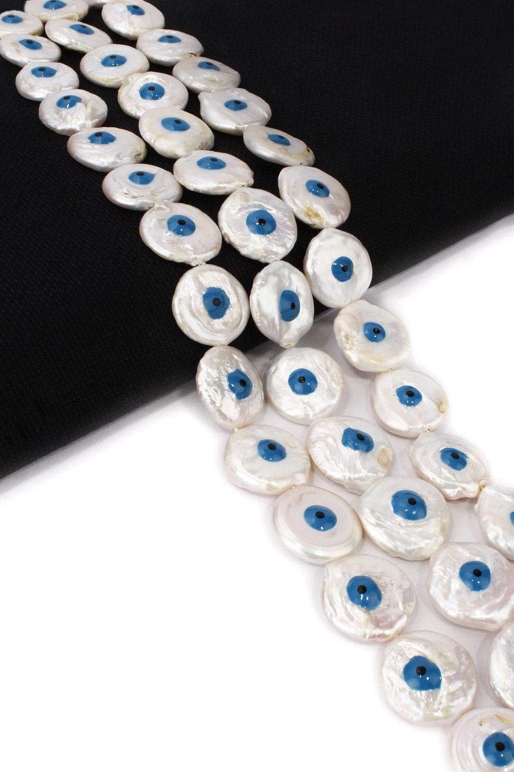 Pearl Stone Evil Eye Flat Round-Cut 18mm Bead Strand