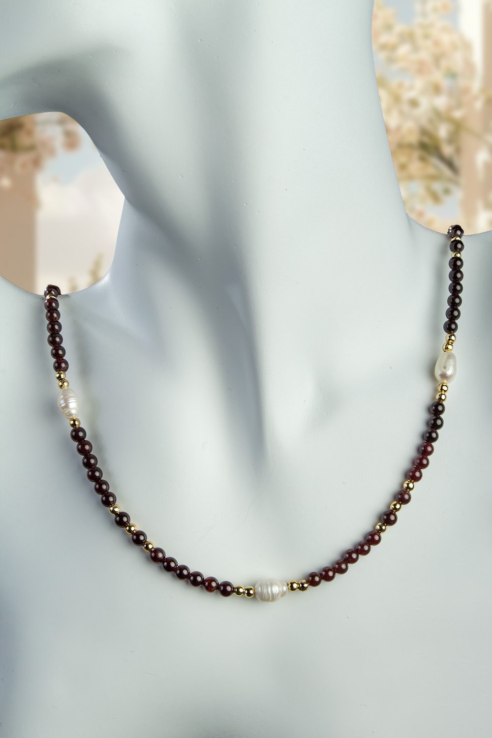 İnci - Garnet Doğal Taş Küre Kesim Zincir Kapamalı Kolye