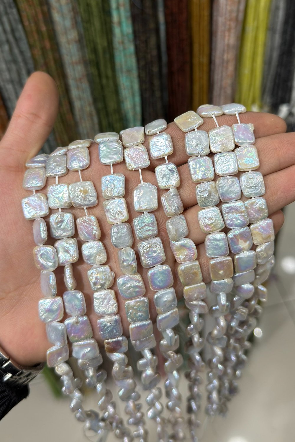 İnci Yassı Kare Kesim Parlak Beyaz 12x14mm Doğal Taş Dizi