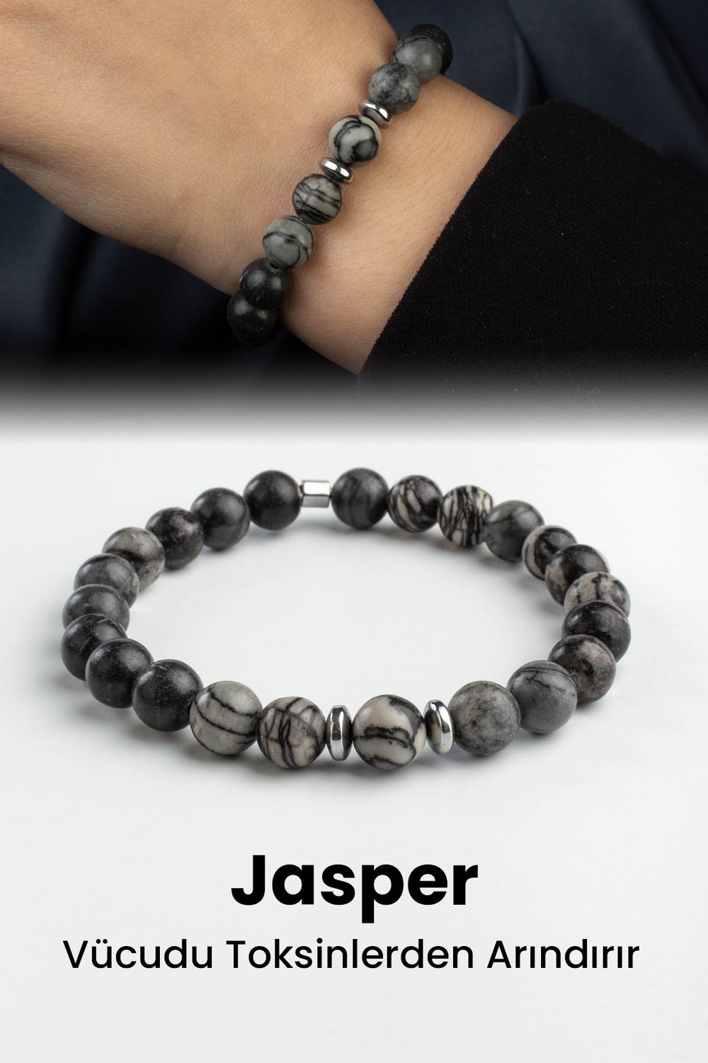 Picasso Jasper Doğal Taş Küre Kesim Parlak Gri 8mm Bileklik