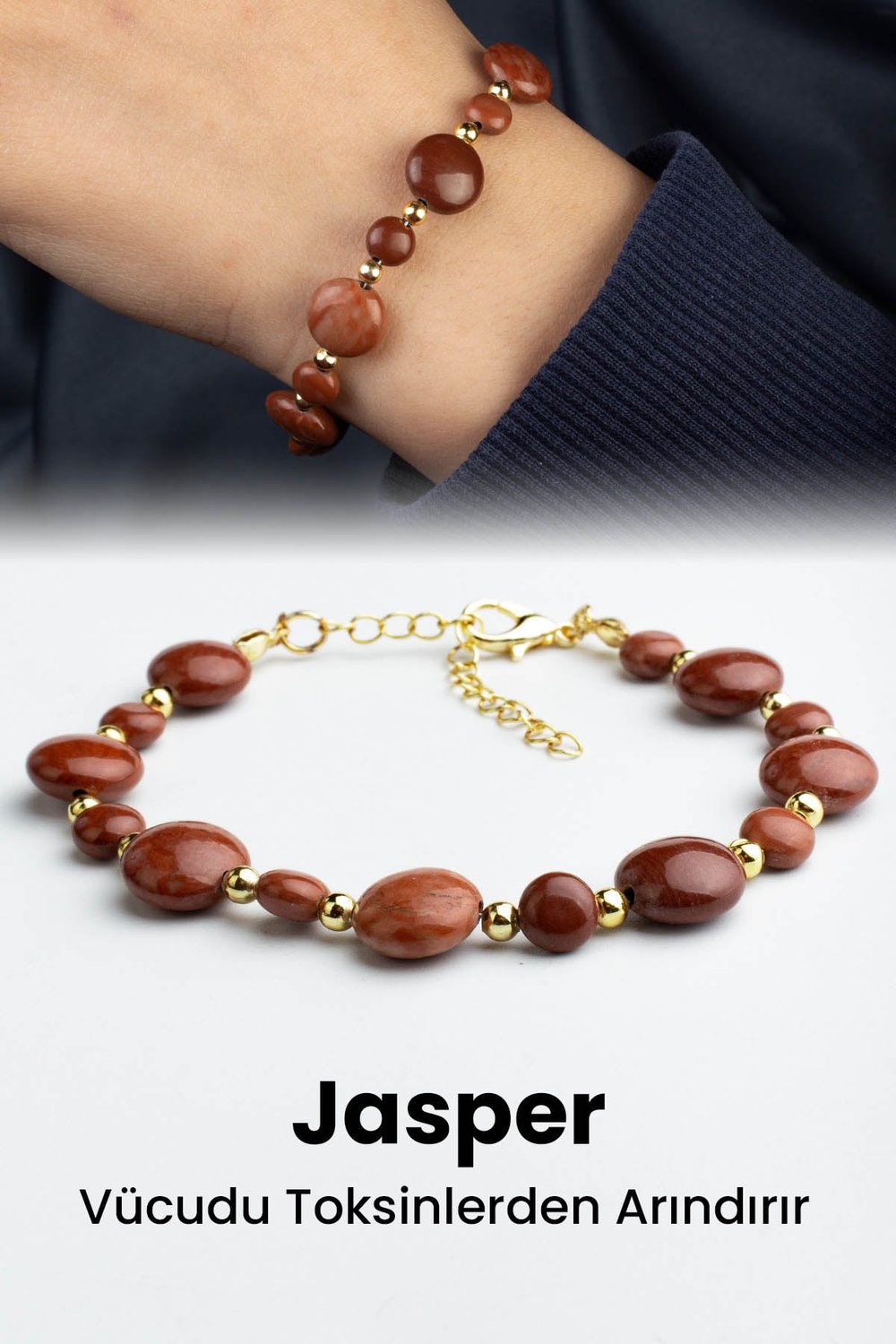 Jasper Doğal Taş Kahve Yassı Daire Kesim Top Boncuklu Bileklik