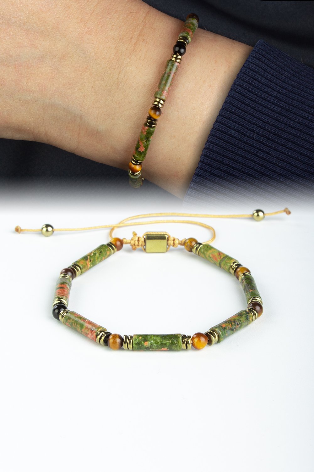 Unakit-Kaplangözü Doğal Taş Silindir Kesim 4x13mm Küre Taşlı Makrome Bileklik