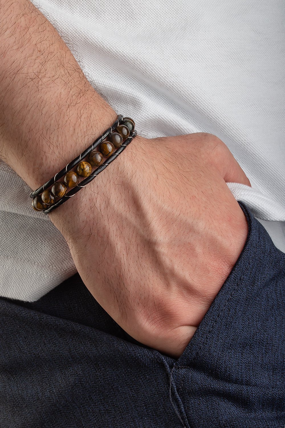 Tigers Eye Stone 8mm Wrap Leather Mens Bracelet