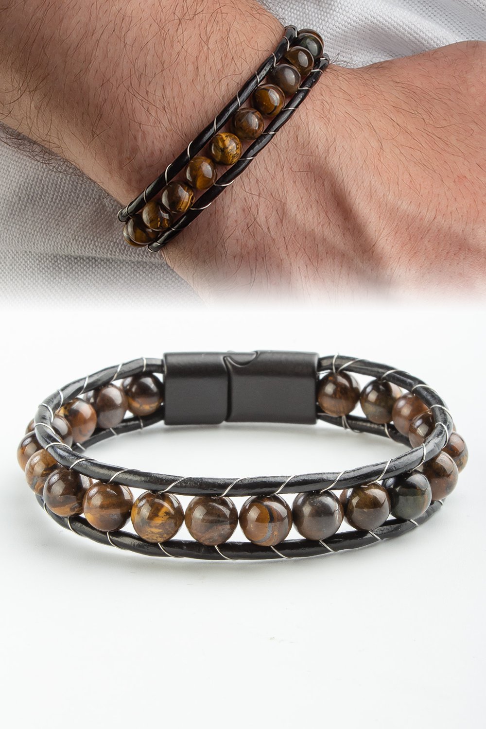 Tigers Eye Stone 8mm Wrap Leather Mens Bracelet
