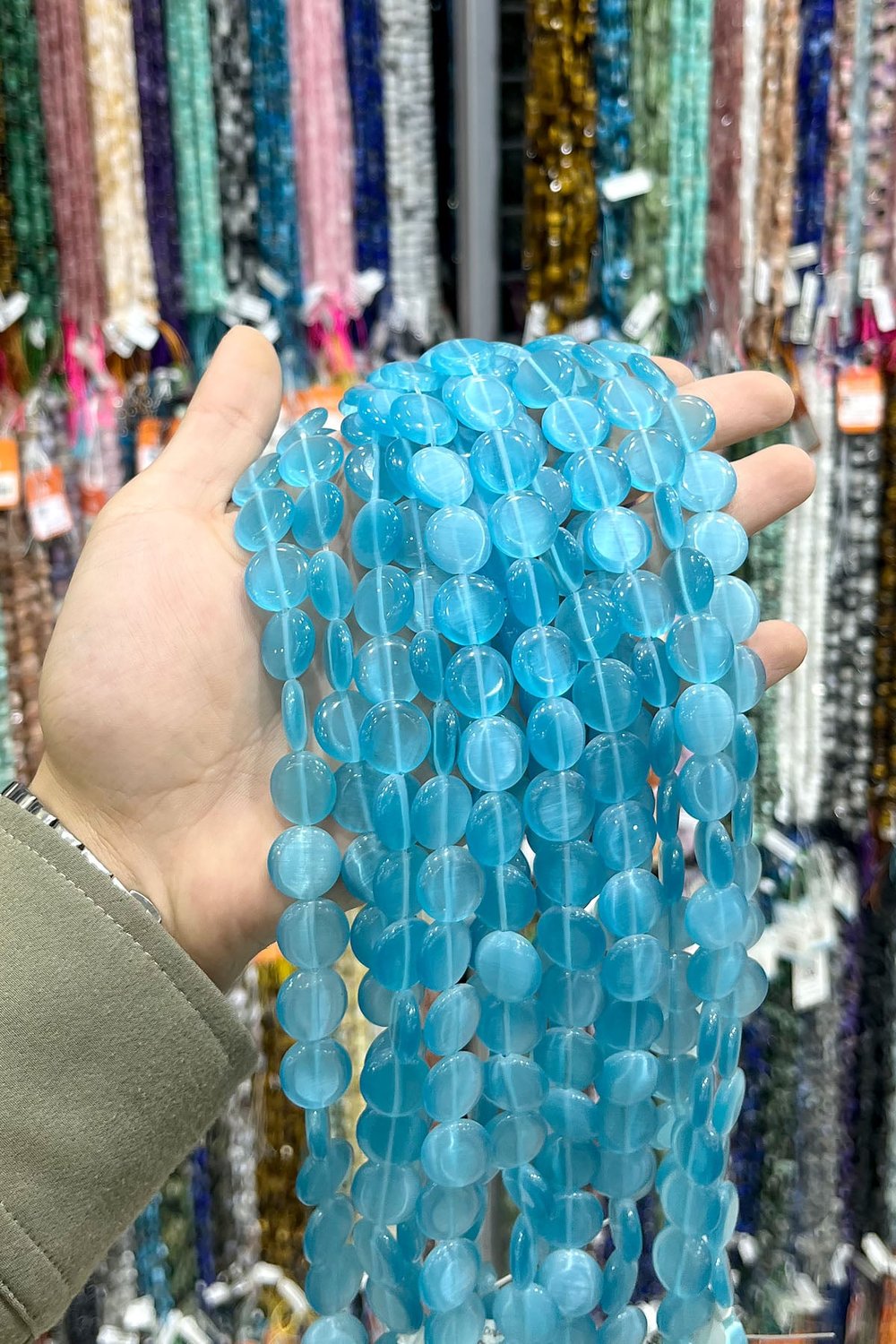 Kedi Gözü Doğal Taş Parlak Açık Mavi Daire Kesim 15x5mm Dizi [AB]