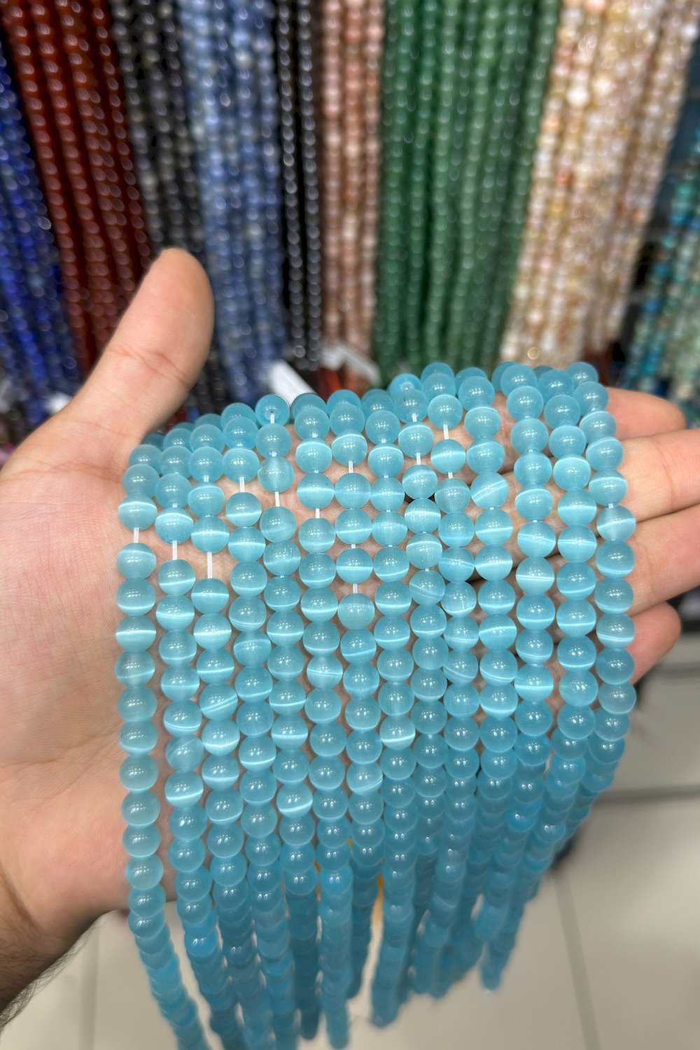 Kedi Gözü Taşı Küre Kesim Parlak Açık Mavi 8mm Doğal Taş Dizi [B+]