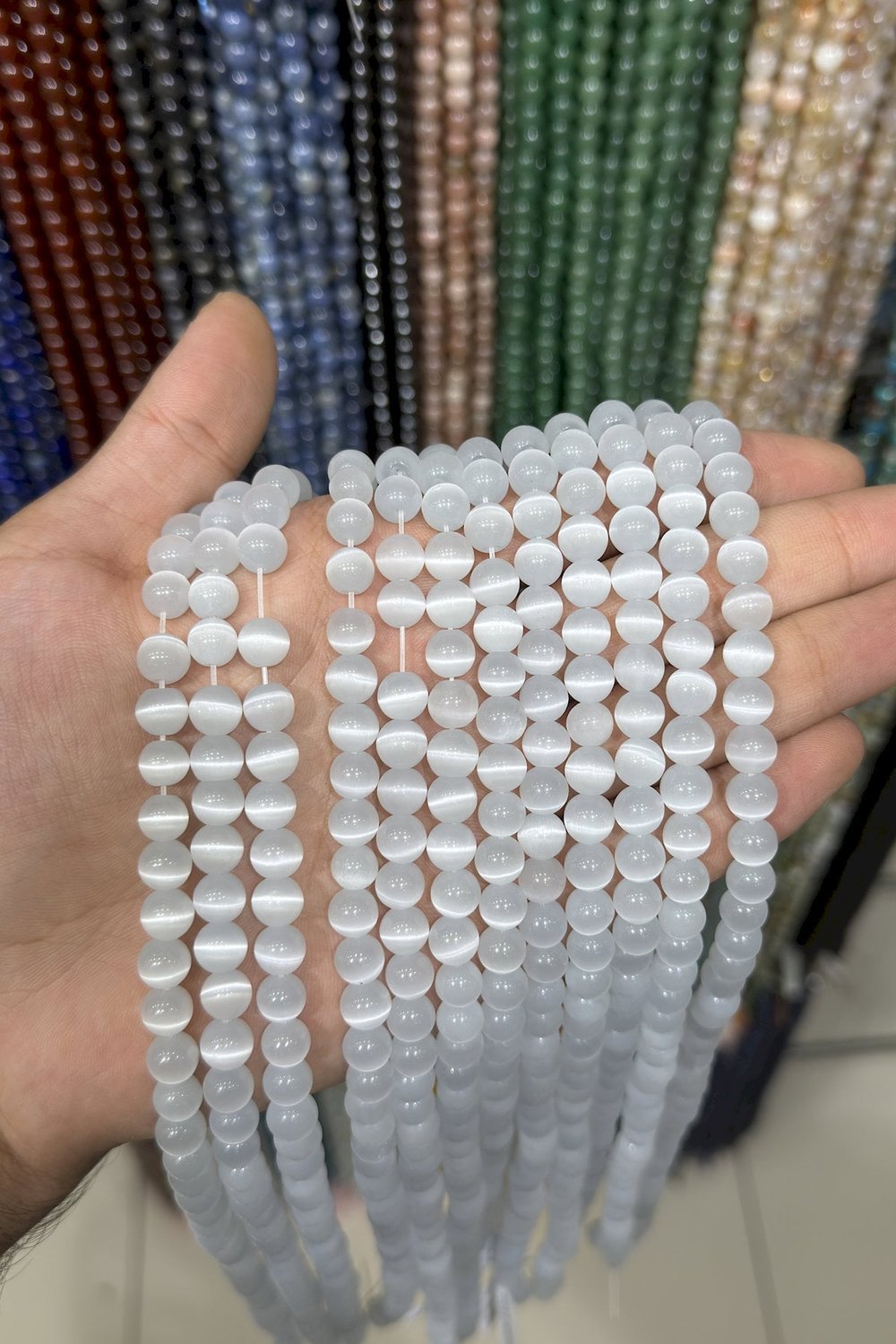 Kedi Gözü Taşı Küre Kesim Parlak Gri 8mm Doğal Taş Dizi [B+]