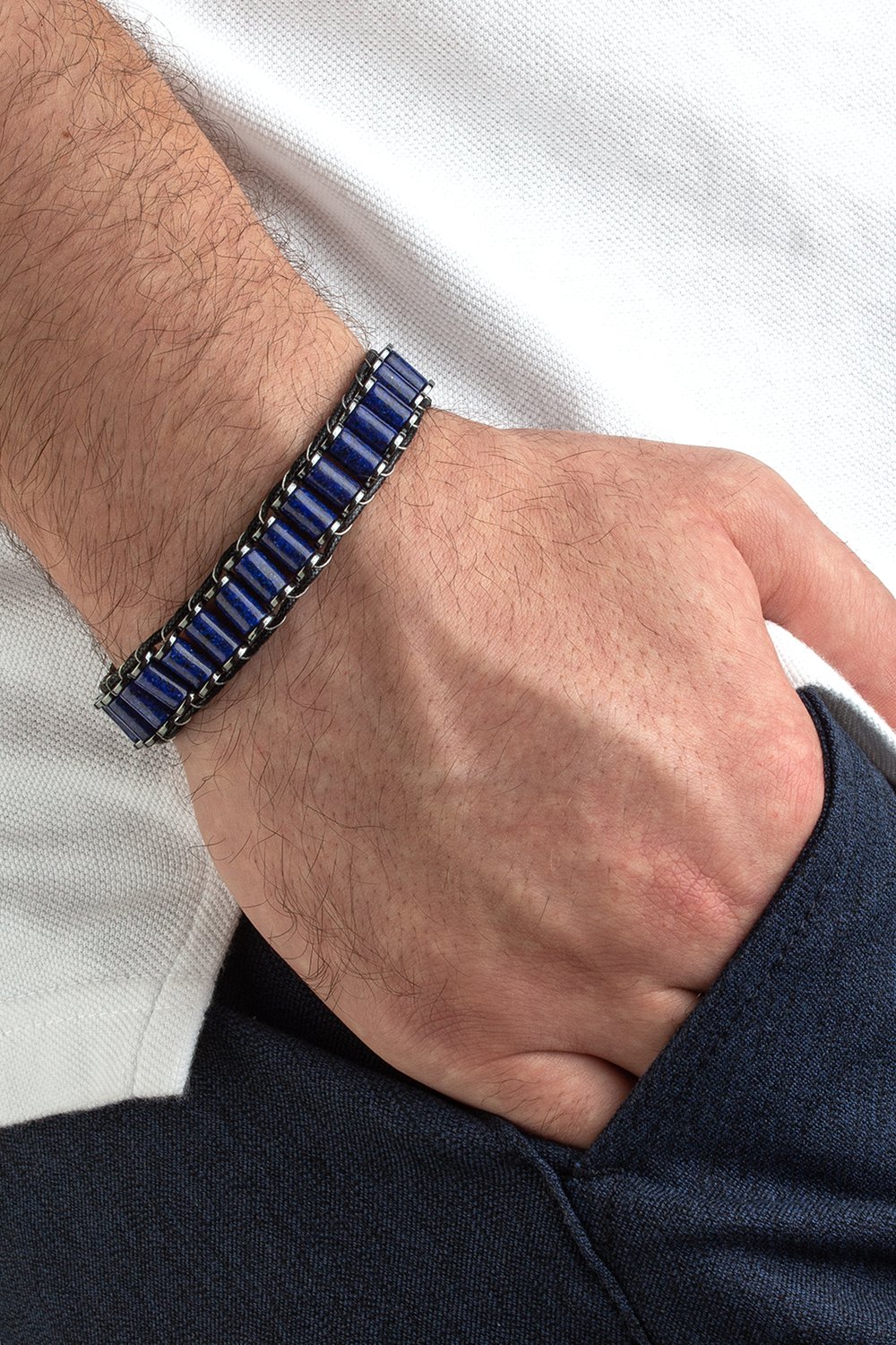 Lapis Doğal Taş Örme Erkek Bilekliği 6x8mm
