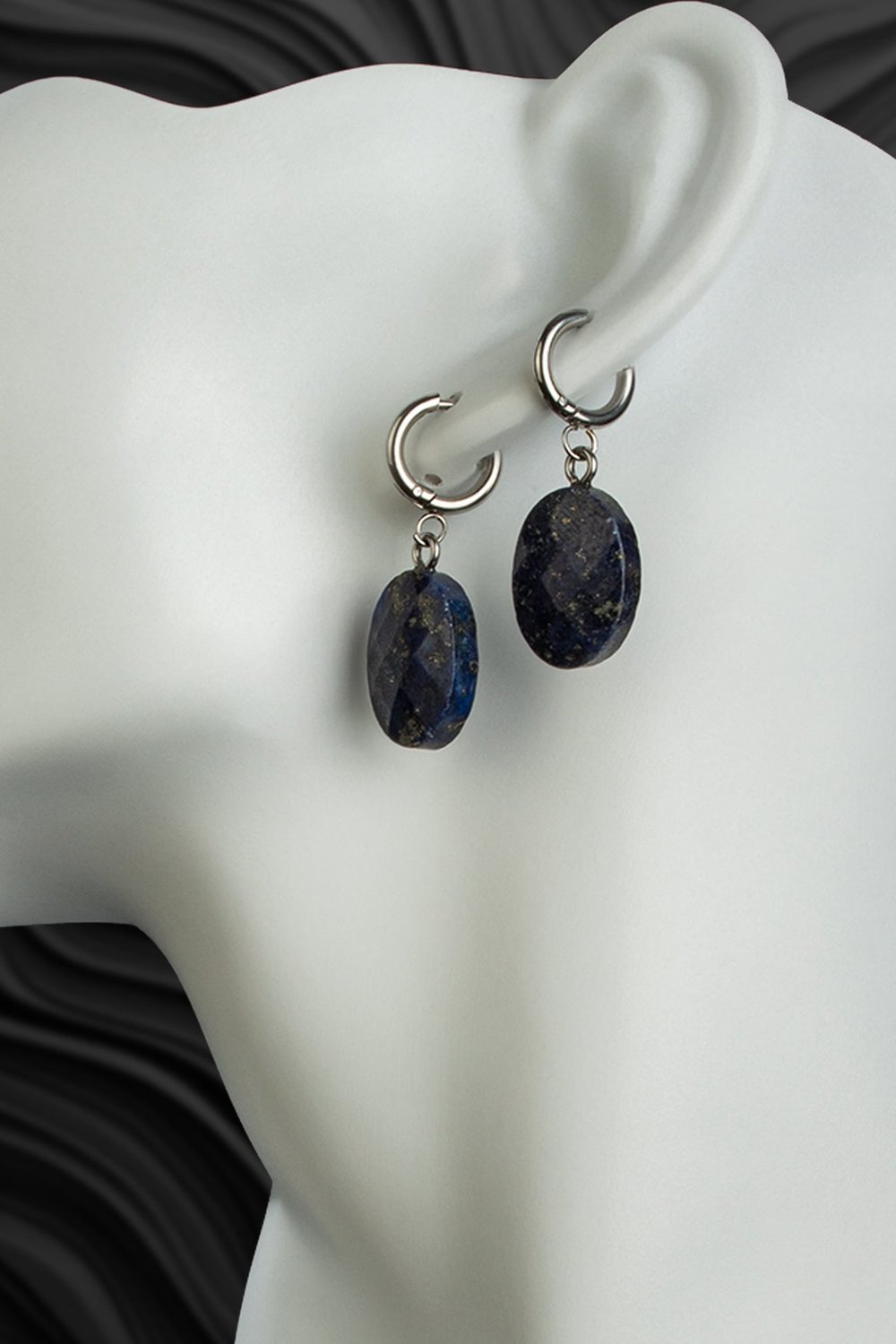 Lapis Lazuli Doğal Taş Fasetli Oval Kesim Çelik Küpe