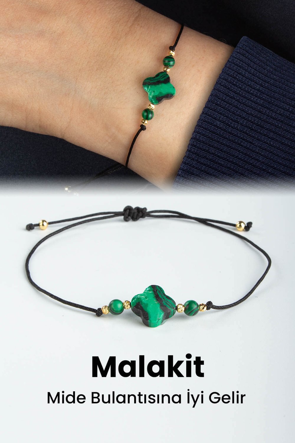 Malakit Doğal Taş Yonca Kesim Makrome Bileklik