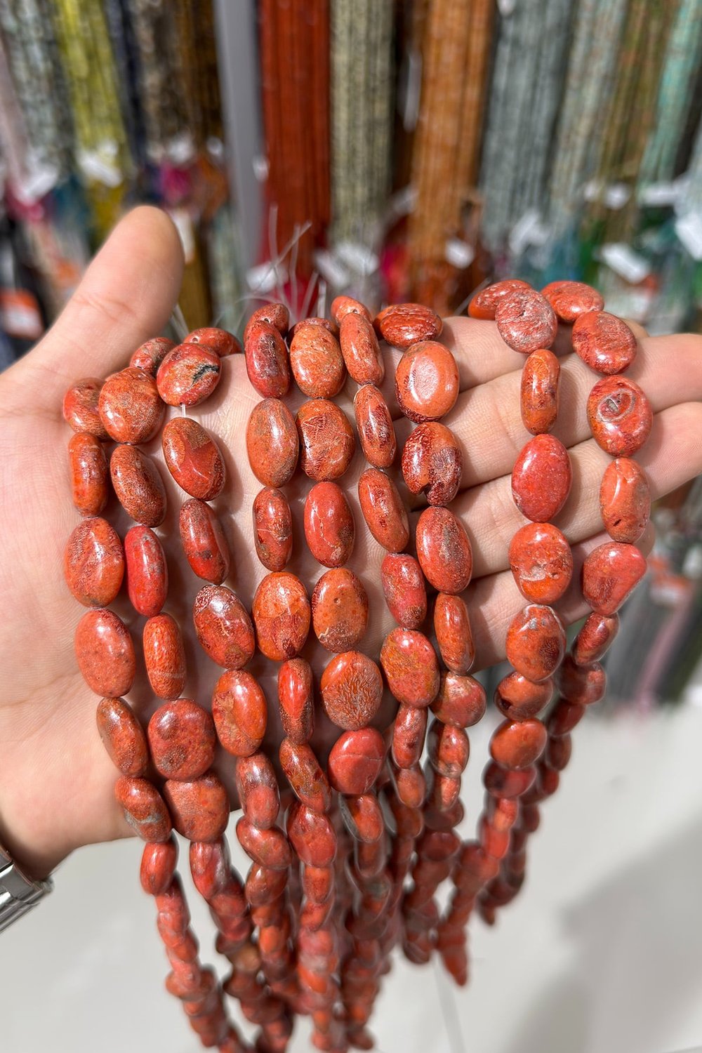 Mercan Doğal Taş Parlak Çim Mercan Yassı Arpa 18x7mm Dizi