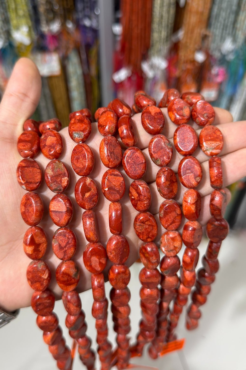 Grass Coral Stone -Almond Cut 13x18mm Bead Strand