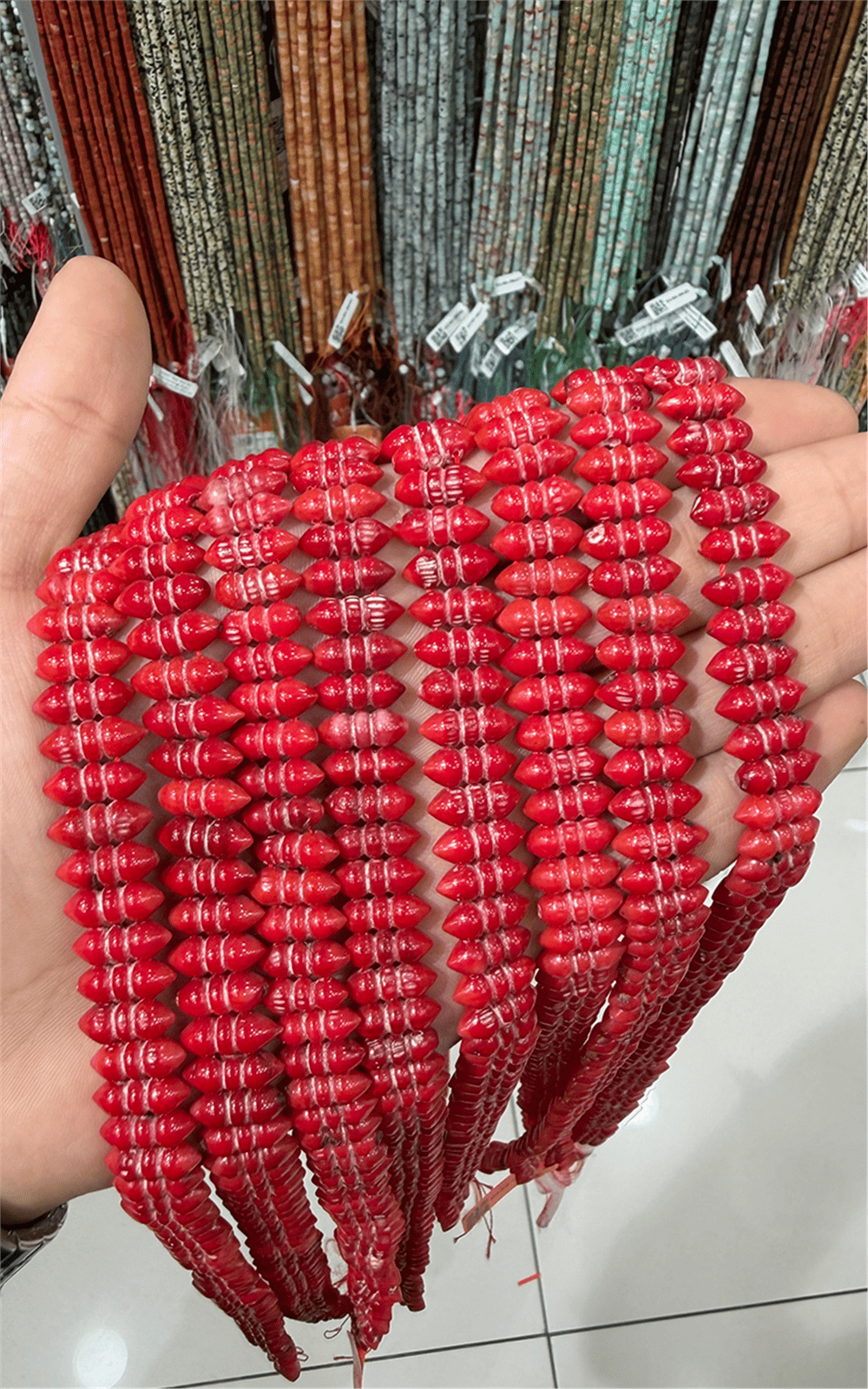 Coral Stone Stone -Shiny Red Double-Hole Cylindrical-Cut 5x14mm Bead Strand