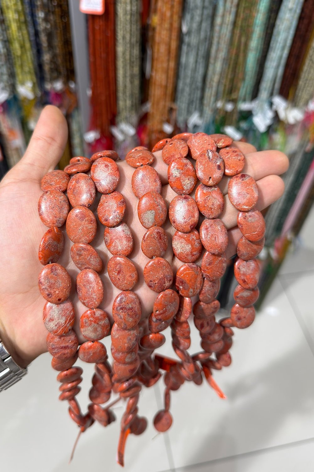 Mercan Doğal Taş Parlak Kırmızı Çim Mercan Yassı Arpa 21x6mm Dizi