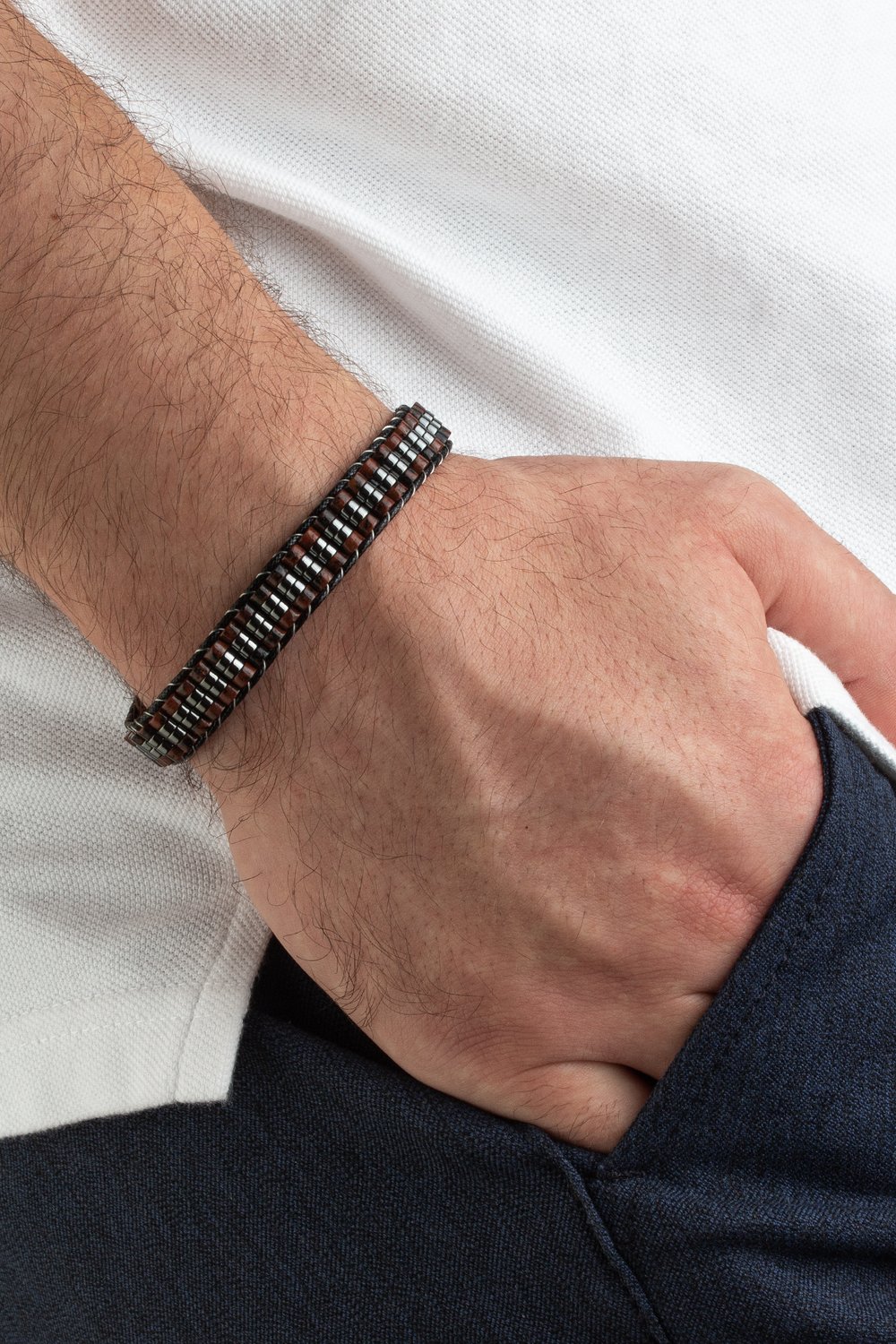 Obsidyen Doğal Taş Kahverengi Örme Erkek Bilekliği 4x2mm