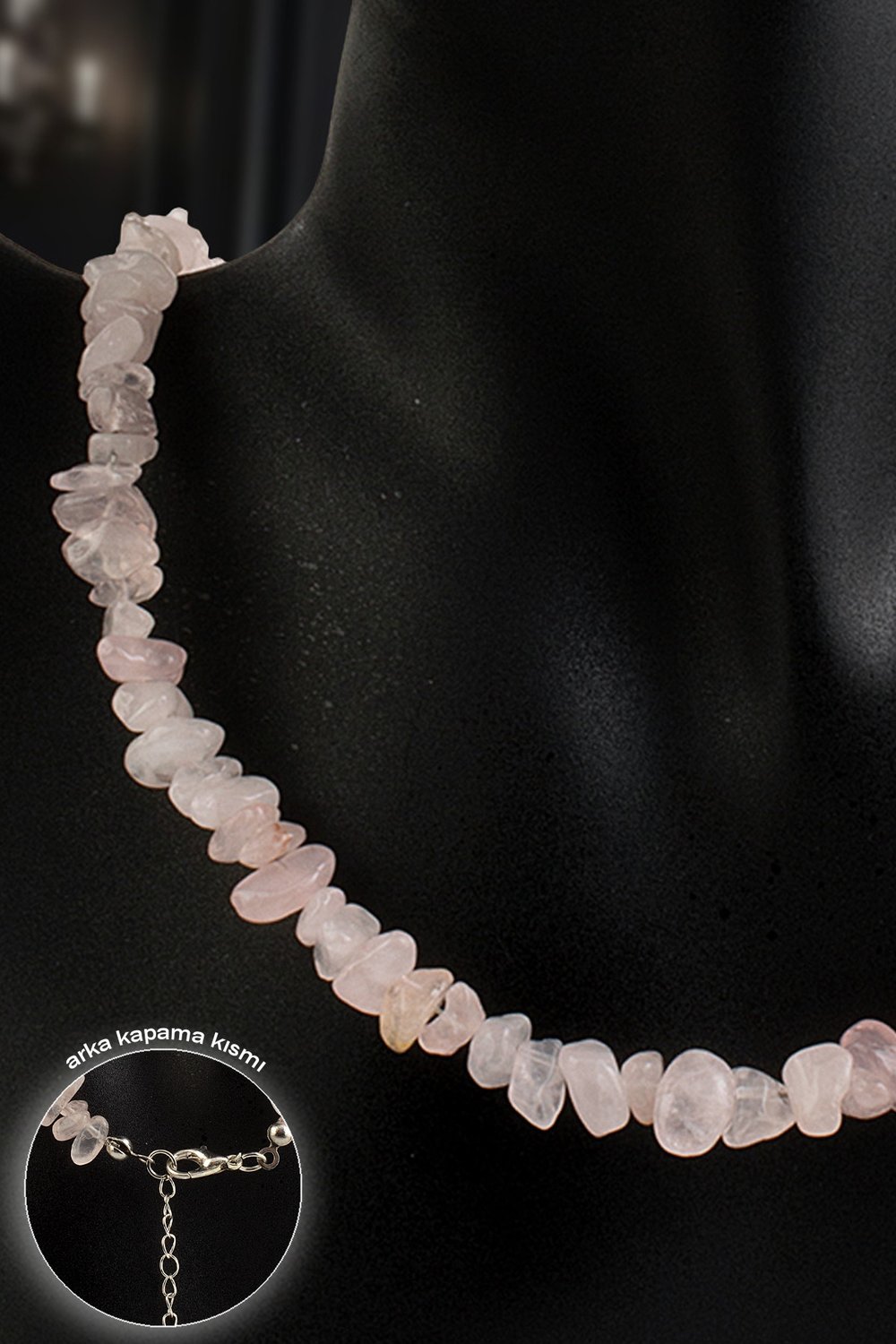 Pembe Kuvars Doğal Kırık Taş Zincir Kapamalı Kolye