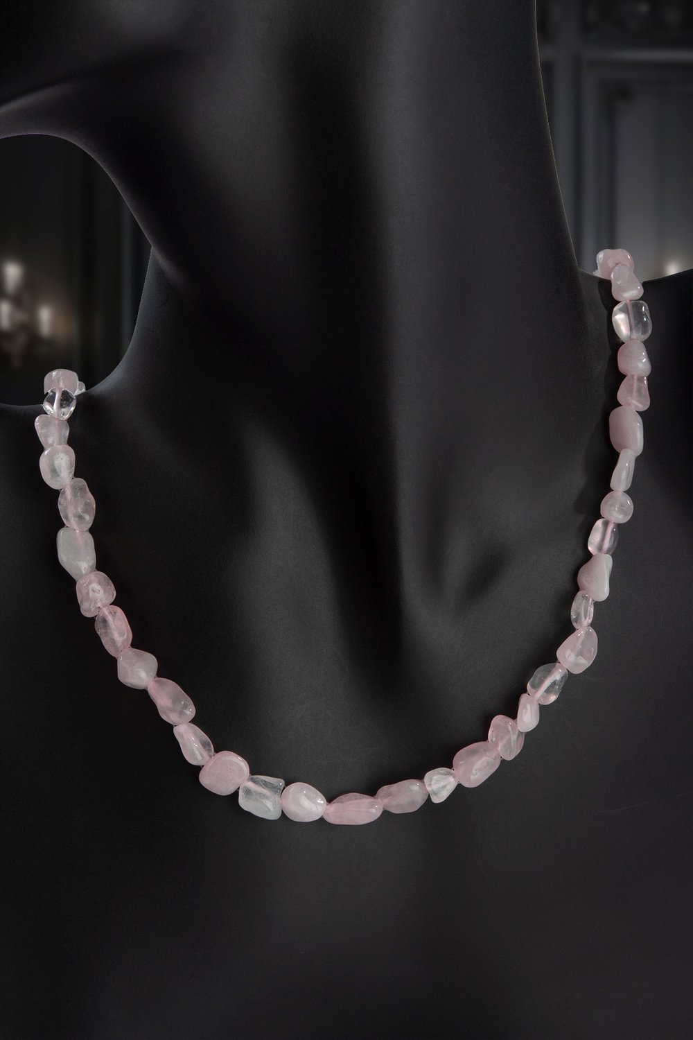Pembe Kuvars Doğal Taş Tımbıl Kesim Zincir Kapamalı Kolye