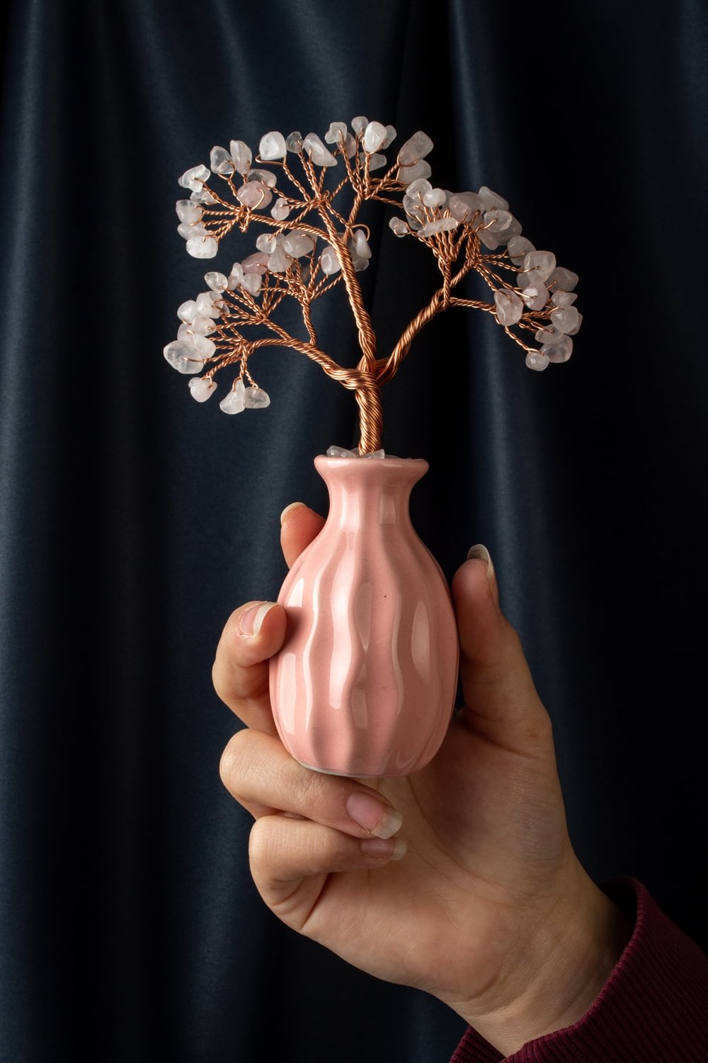 Pembe Kuvars Taşı El Yapımı 4x18cm Doğal Taş Dekoratif Hayat Ağacı