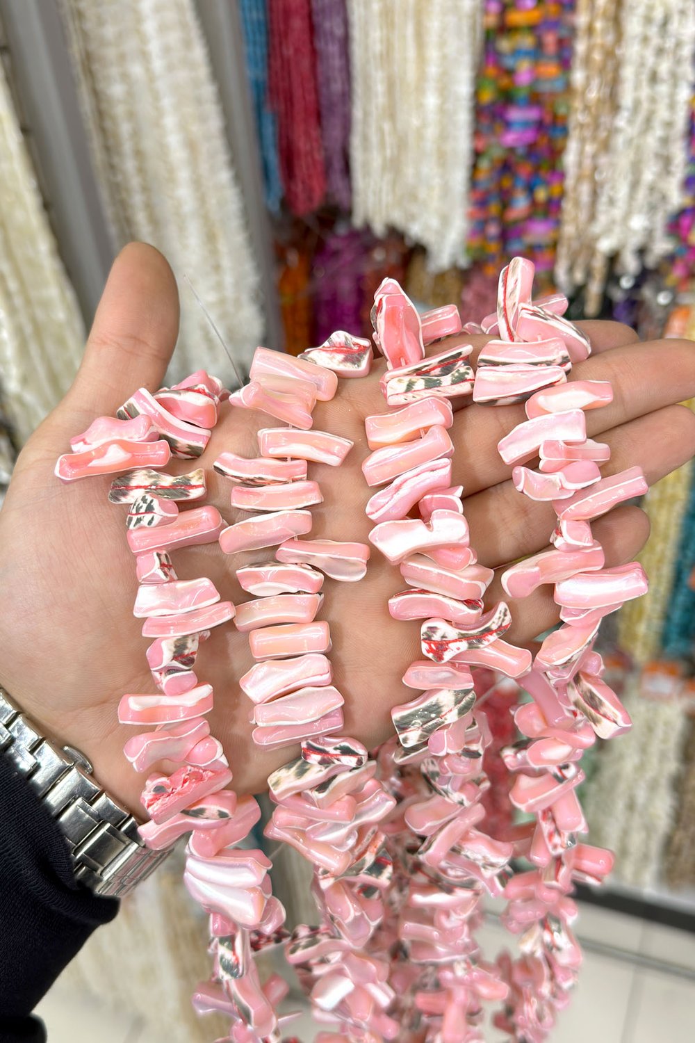 Sedef Taşı Amorf Kesim Parlak Açık Pembe 26x7mm Doğal Taş Dizi [AB+]