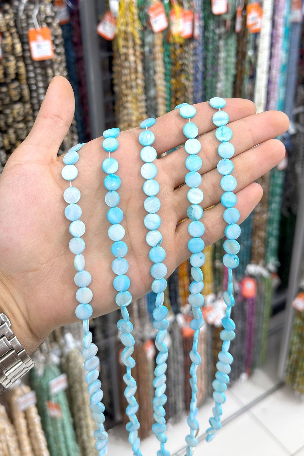 Sedef Taşı Daire Kesim Parlak Açık Mavi 9x3mm Doğal Taş Dizi [AA]
