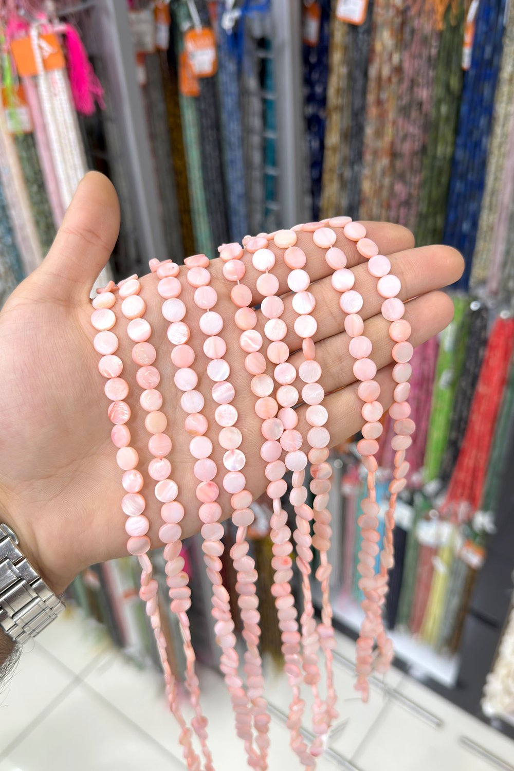 Sedef Taşı Daire Kesim Parlak Açık Pembe 8x3mm Doğal Taş Dizi [AA]