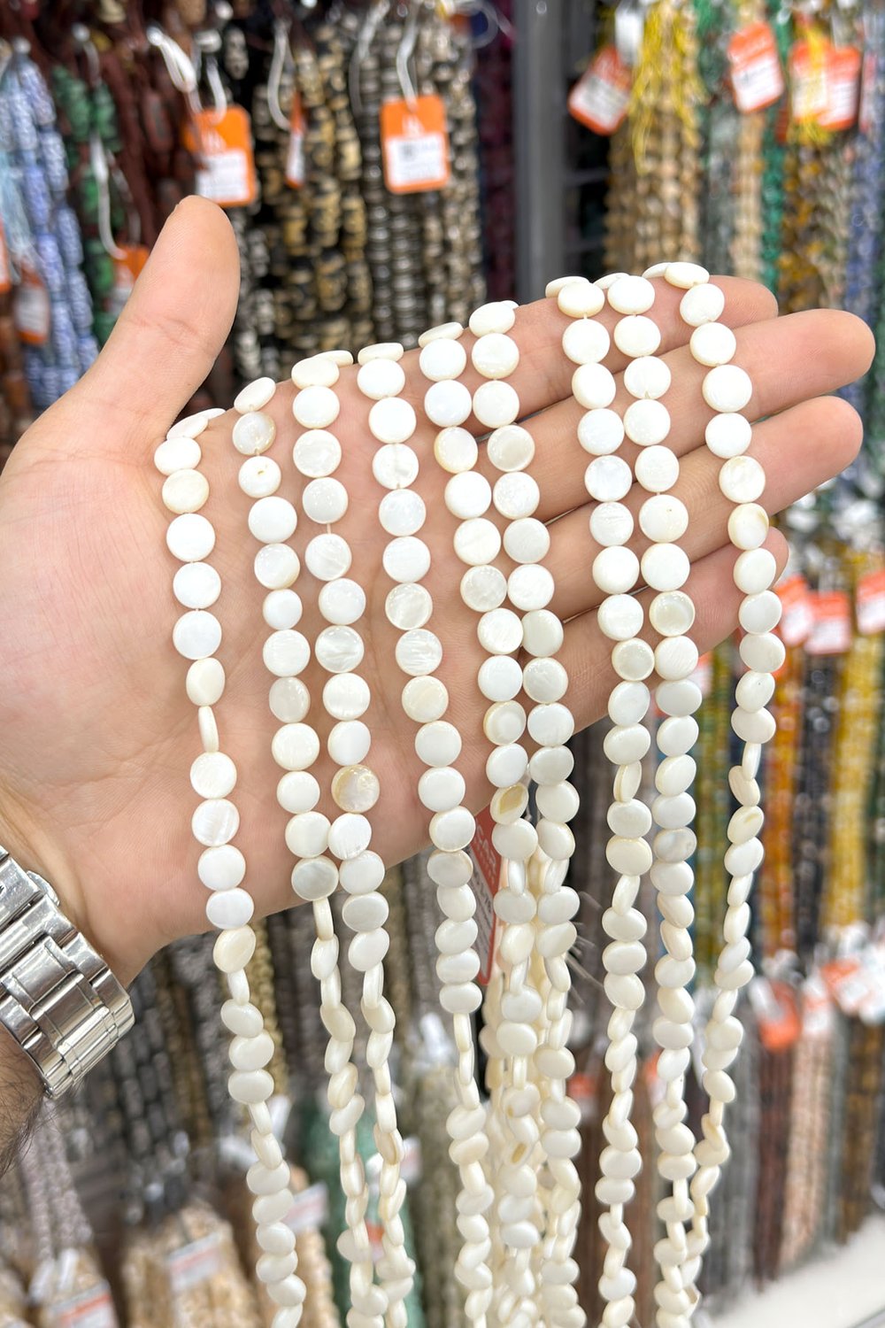 Sedef Taşı Daire Kesim Parlak Beyaz 9x3mm Doğal Taş Dizi [AA]