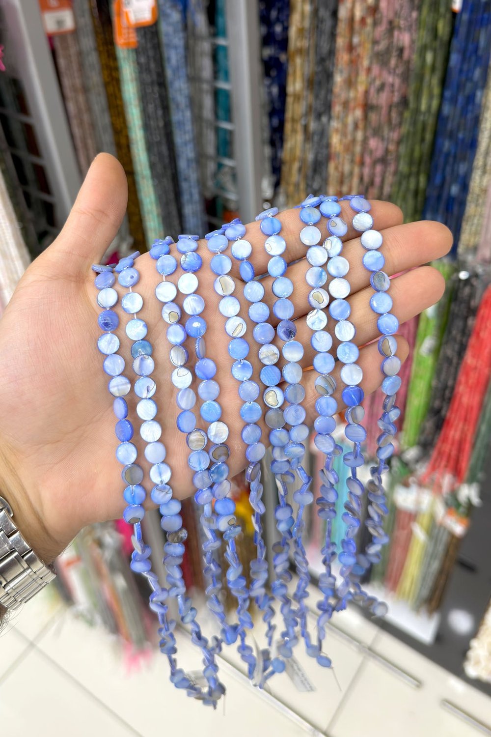 Sedef Taşı Daire Kesim Parlak Koyu Mavi 8x3mm Doğal Taş Dizi [AA]
