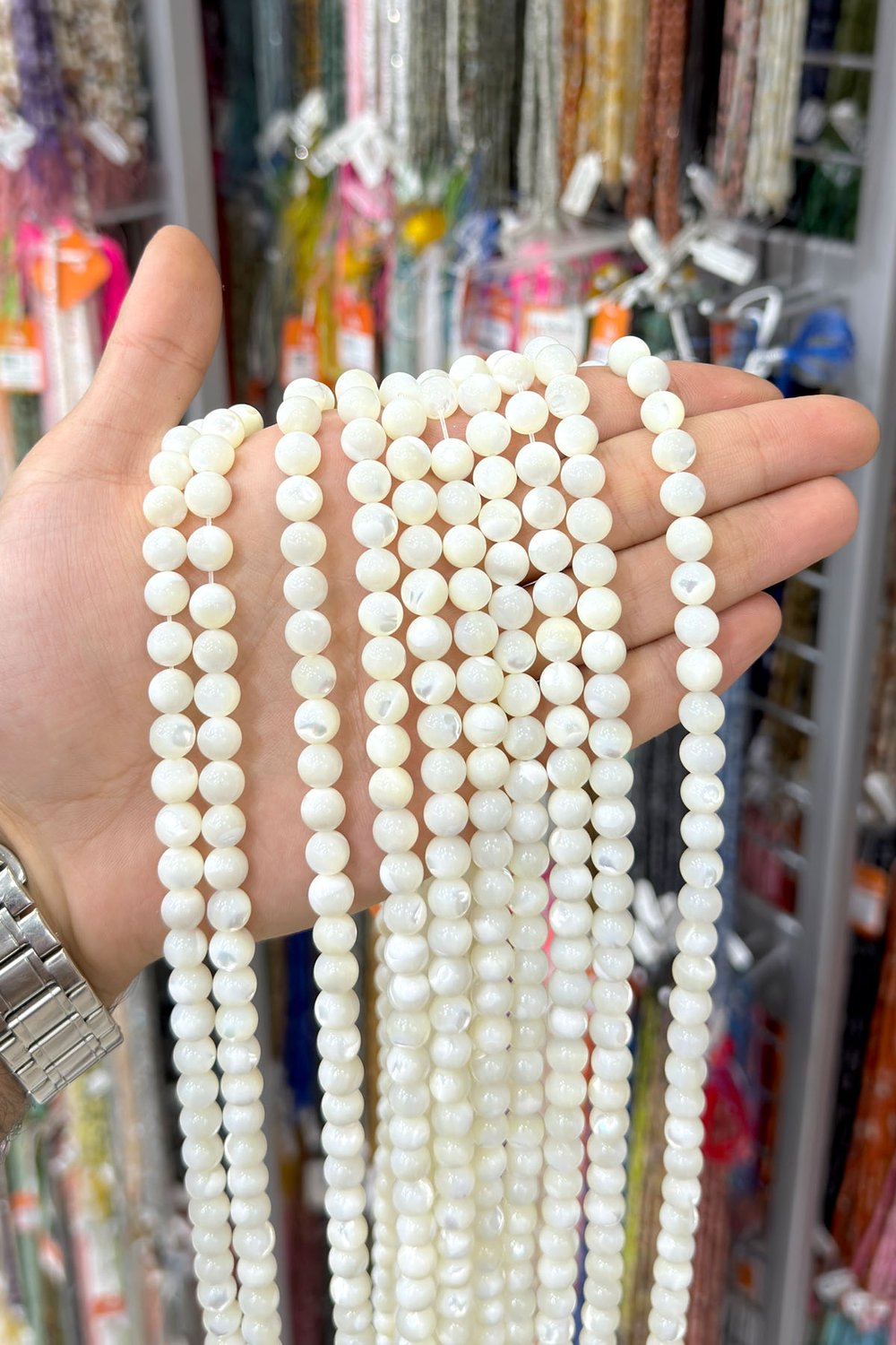 Sedef Taşı Küre Kesim Parlak Beyaz 8mm Doğal Taş Dizi [AA]