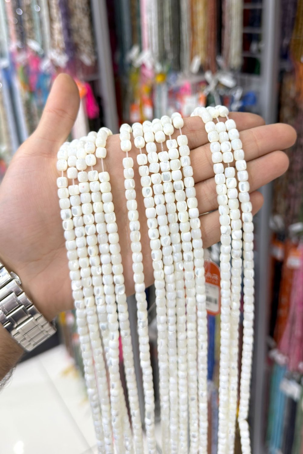 Sedef Taşı Silindir Kesim Parlak Beyaz 7x7mm Doğal Taş Dizi [AA]