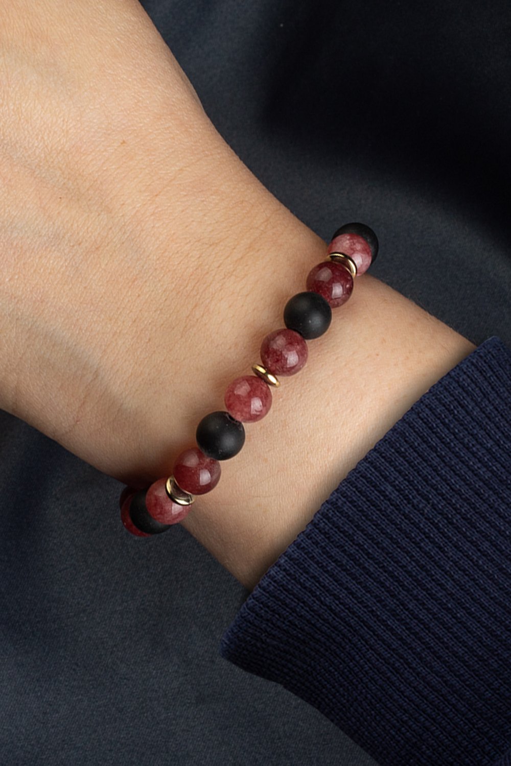 Sıkma Doğal Taş Açık Bordo - Siyah Küre Kesim 8mm Bileklik