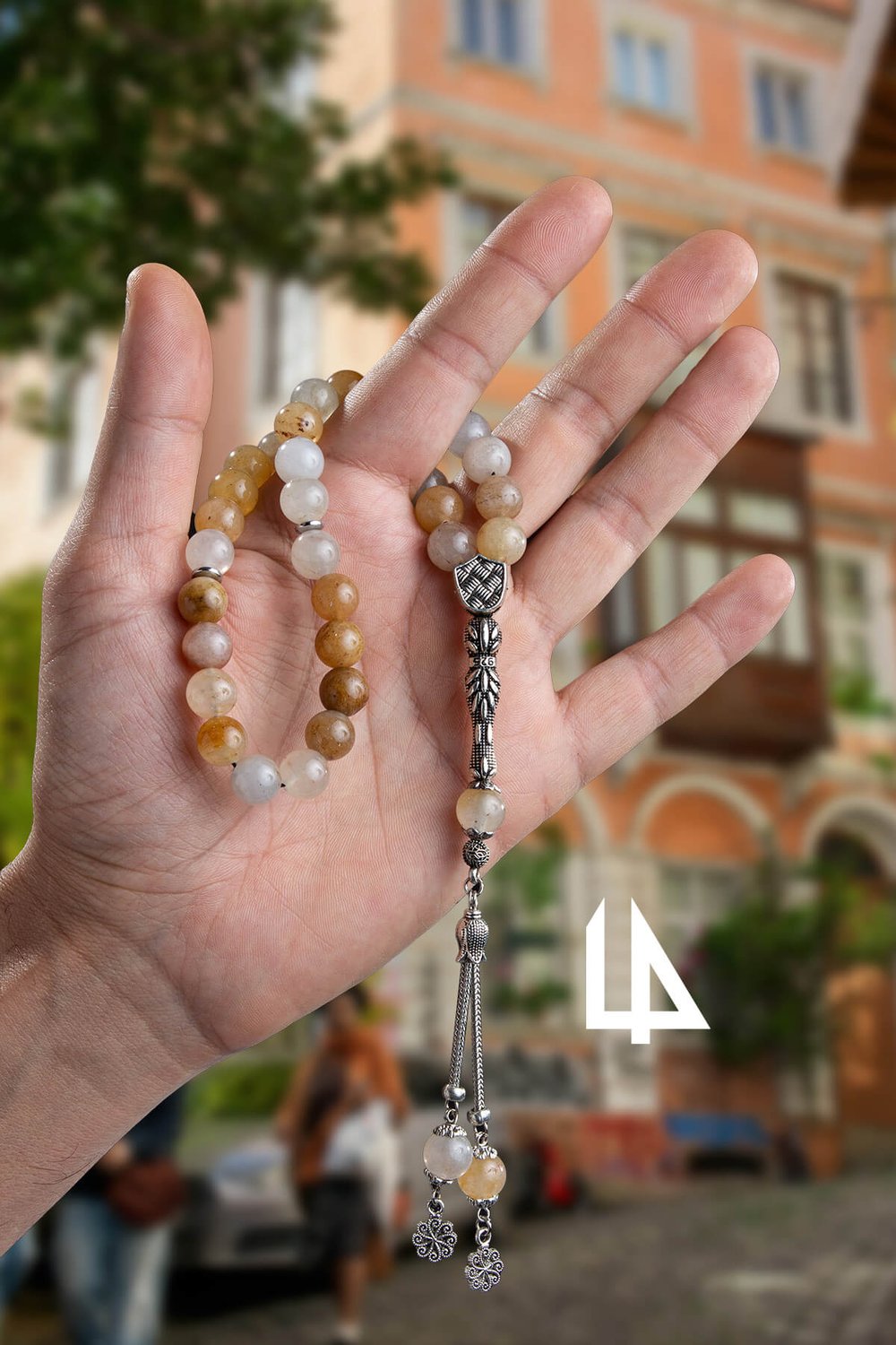 Sıkma Doğal Taş Küre Kesim Bej 33 lü 10mm Tesbih
