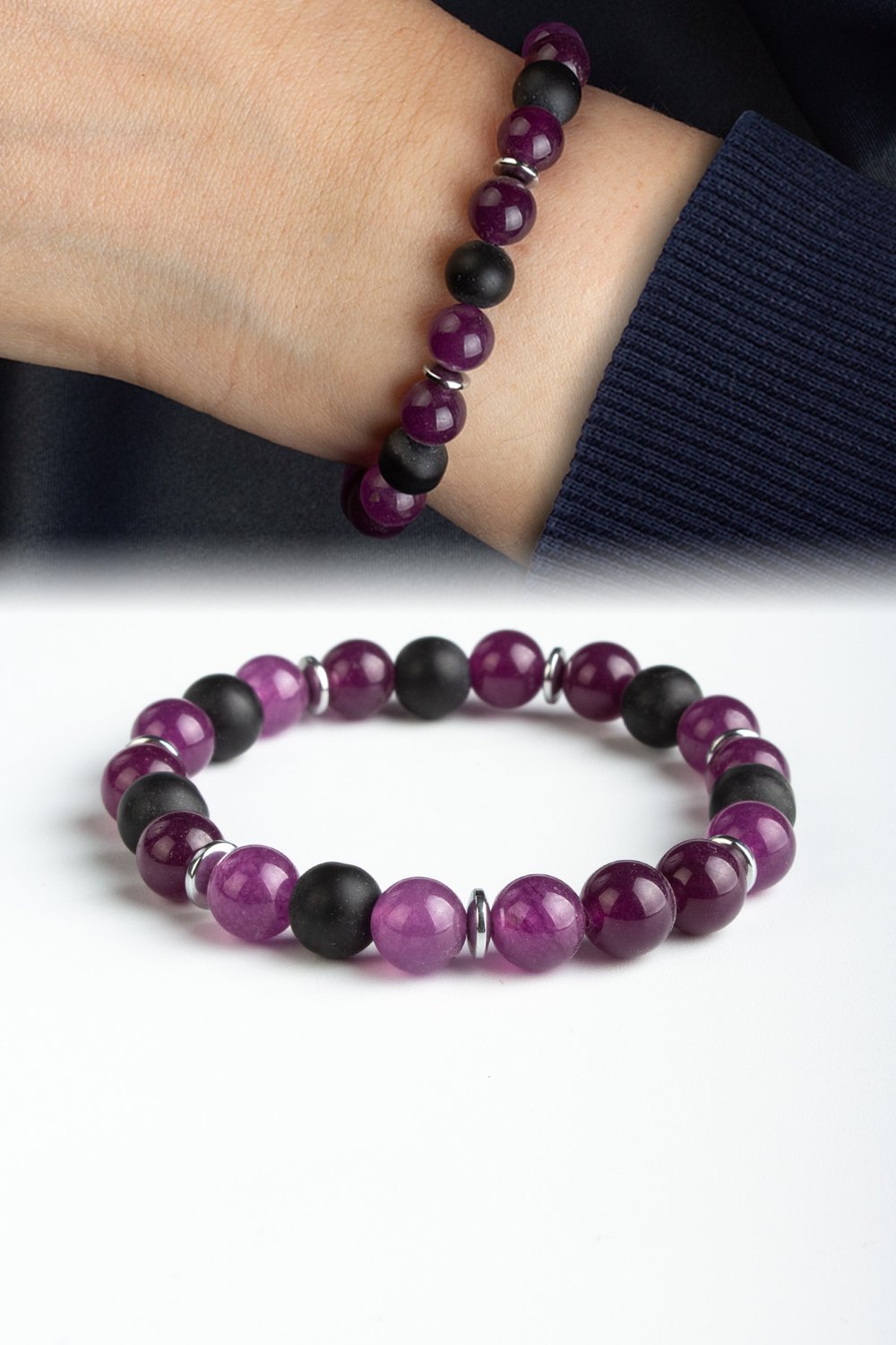 Sıkma Doğal Taş Mor - Siyah Küre Kesim 8mm Bileklik