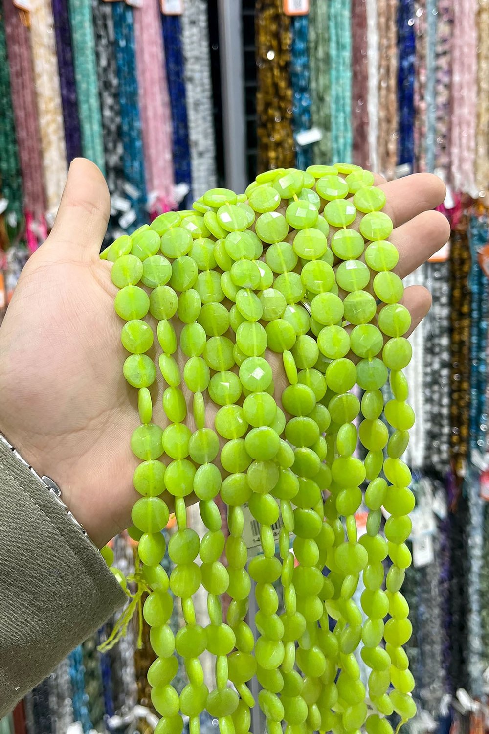 Sıkma Doğal Taş Parlak Açık Yeşil Daire Kesim 12x4mm Dizi [B+]