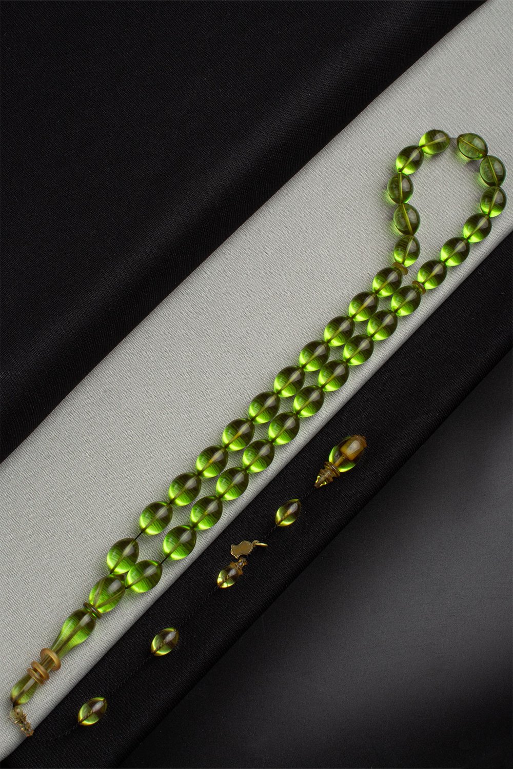 Pressed Amber Green Rice-Cut 8x12mm 33-Bead Prayer Beads Tacir - Master Craftsmanship