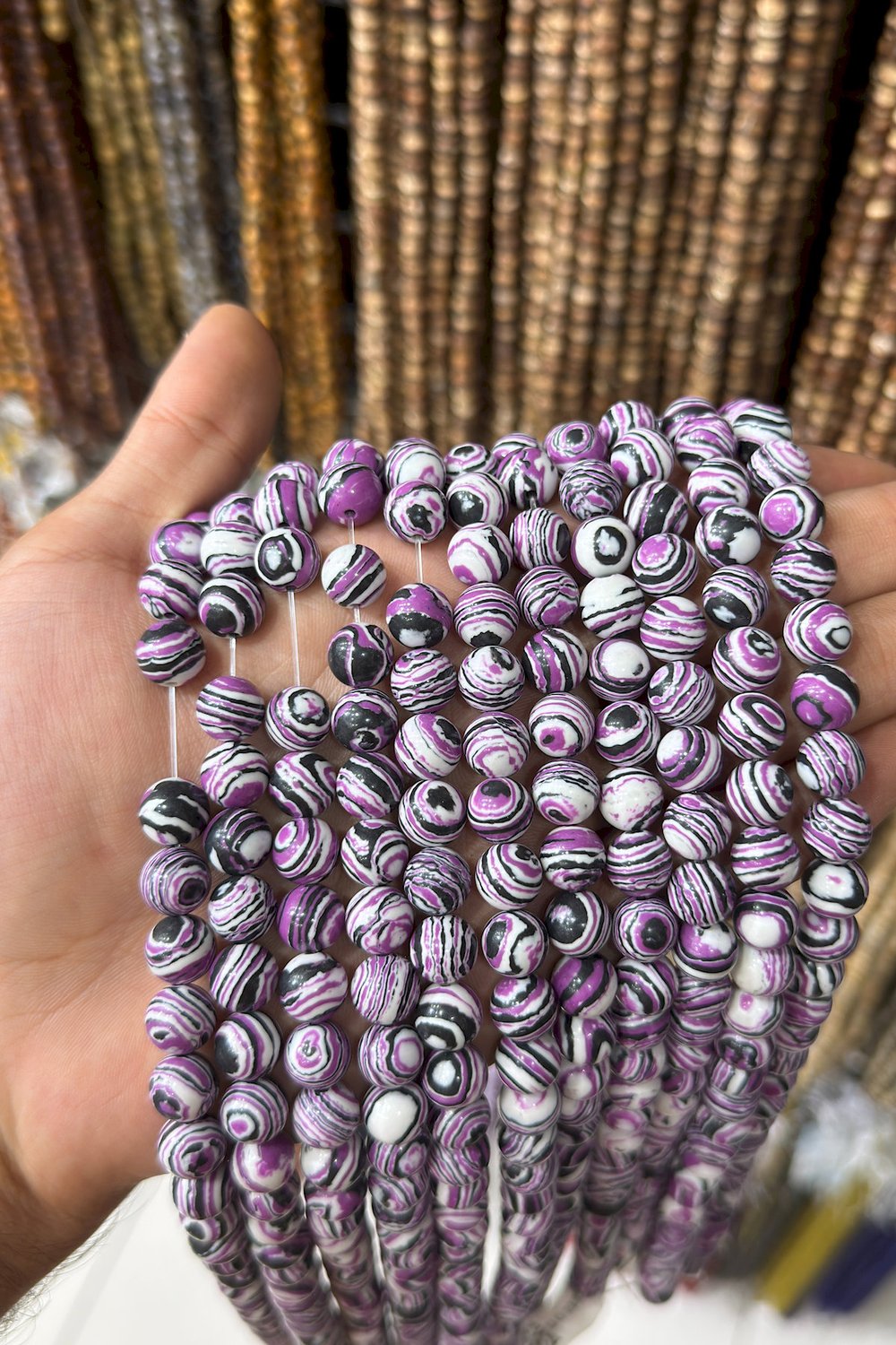 Sıkma Malakit Taşı Küre Kesim Mor Beyaz 10mm Doğal Taş Dizi [B+]