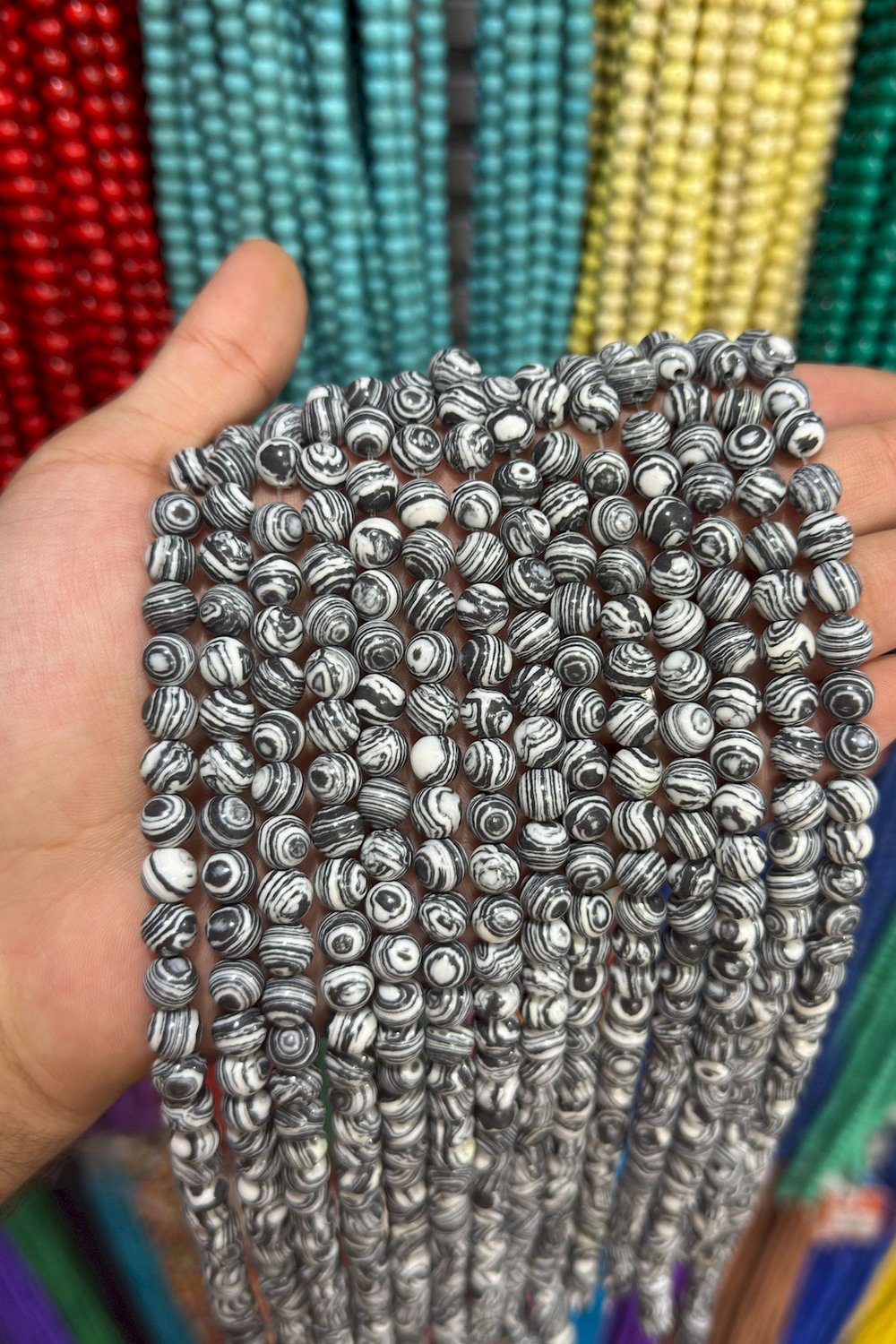 Sıkma Malakit Taşı Küre Kesim Siyah Beyaz 8mm Doğal Taş Dizi [B+]