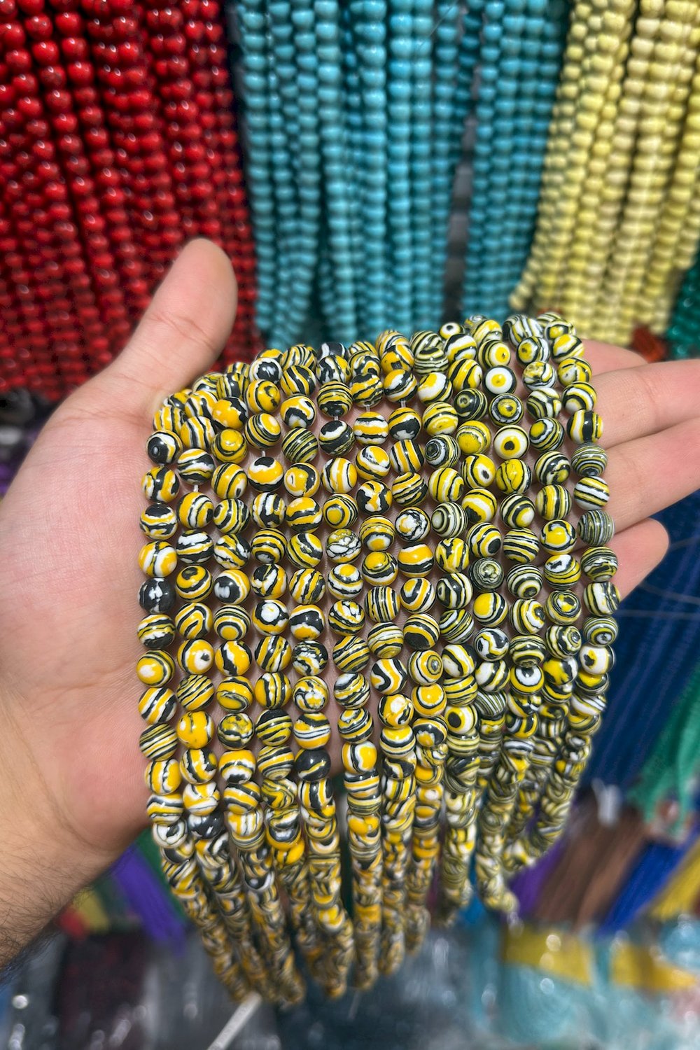 Sıkma Malakit Taşı Küre Kesim Siyah Sarı 8mm Doğal Taş Dizi [B+]
