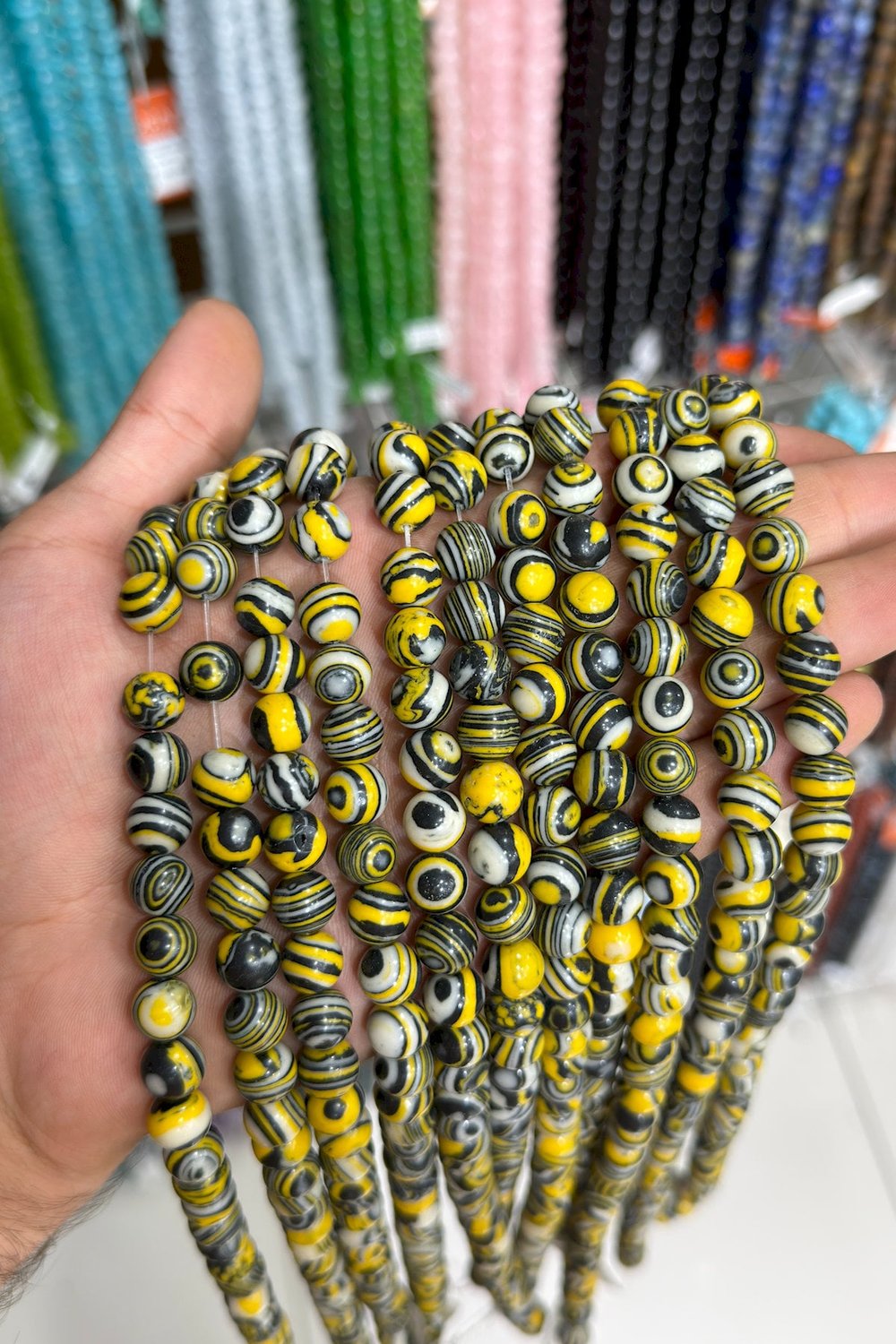 Sıkma Malakit Taşı Küre Kesim Siyah Sarı 10mm Doğal Taş Dizi [B+]