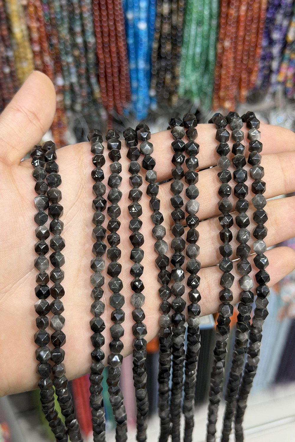 Silver Obsidyen Taşı Hegzagonal Kesim Parlak 6mm Doğal Taş Dizi [AA]