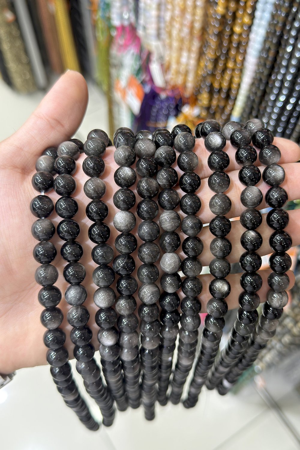 Silver Obsidyen Taşı Küre Kesim Parlak 10mm Doğal Taş Dizi [AA]
