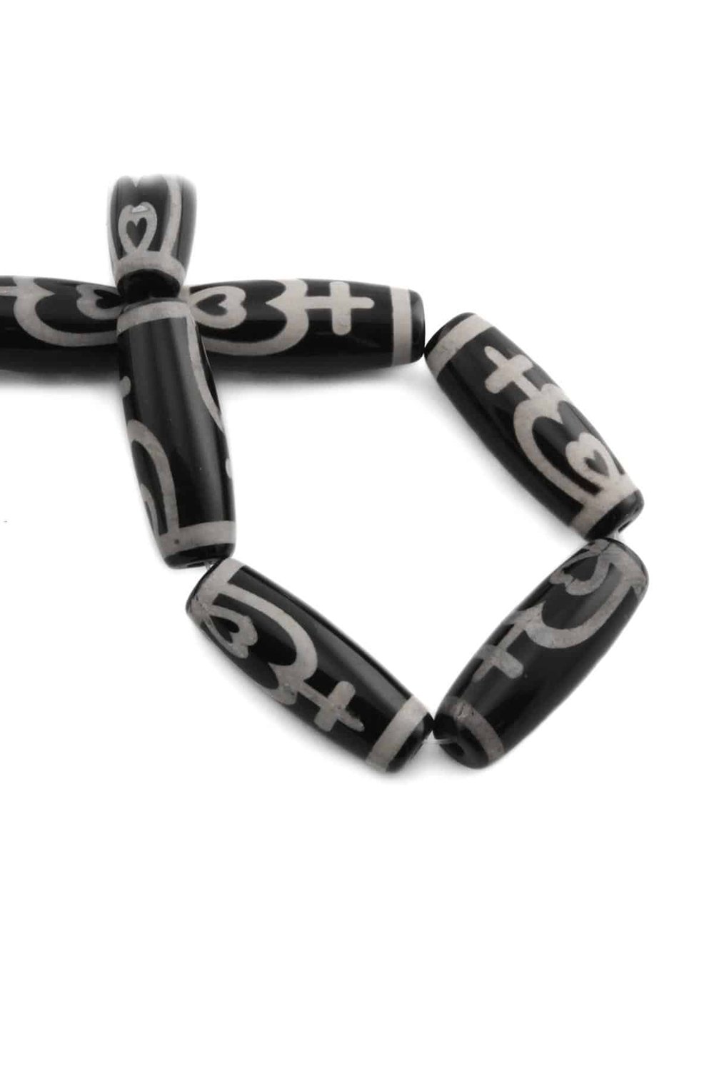 Tibetan Agate Natural Stone Shiny Black Cylinder Cut 14x40mm String Of Beads