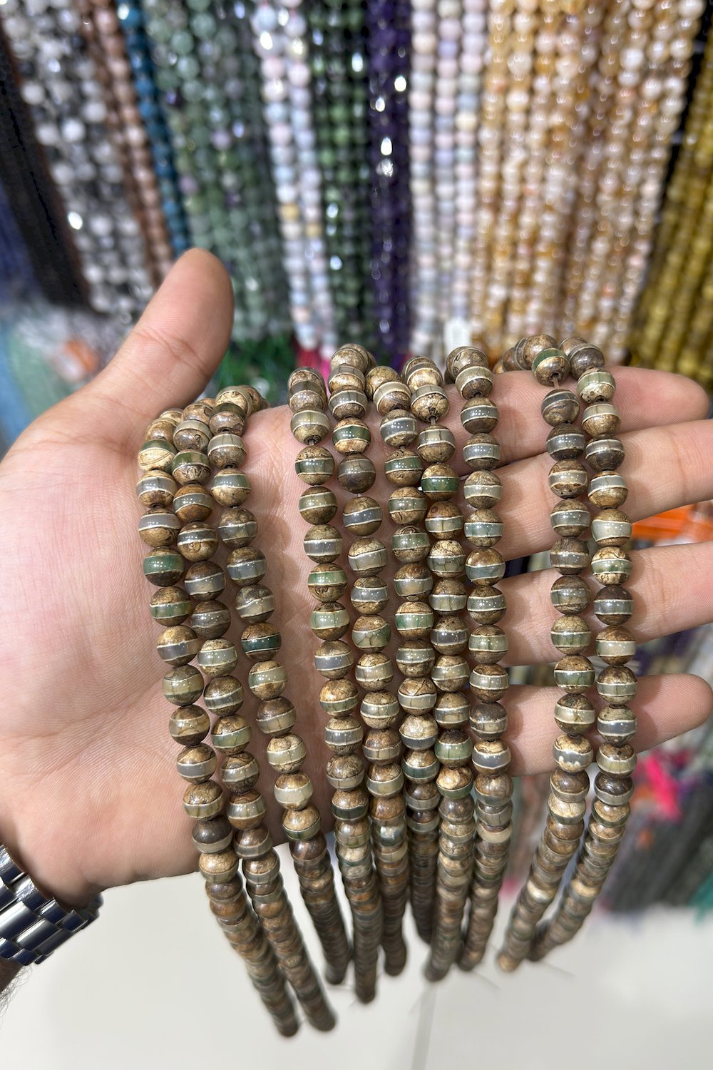 Tibetan Agate Stone Round-Cut Green 8mm Bead Strand